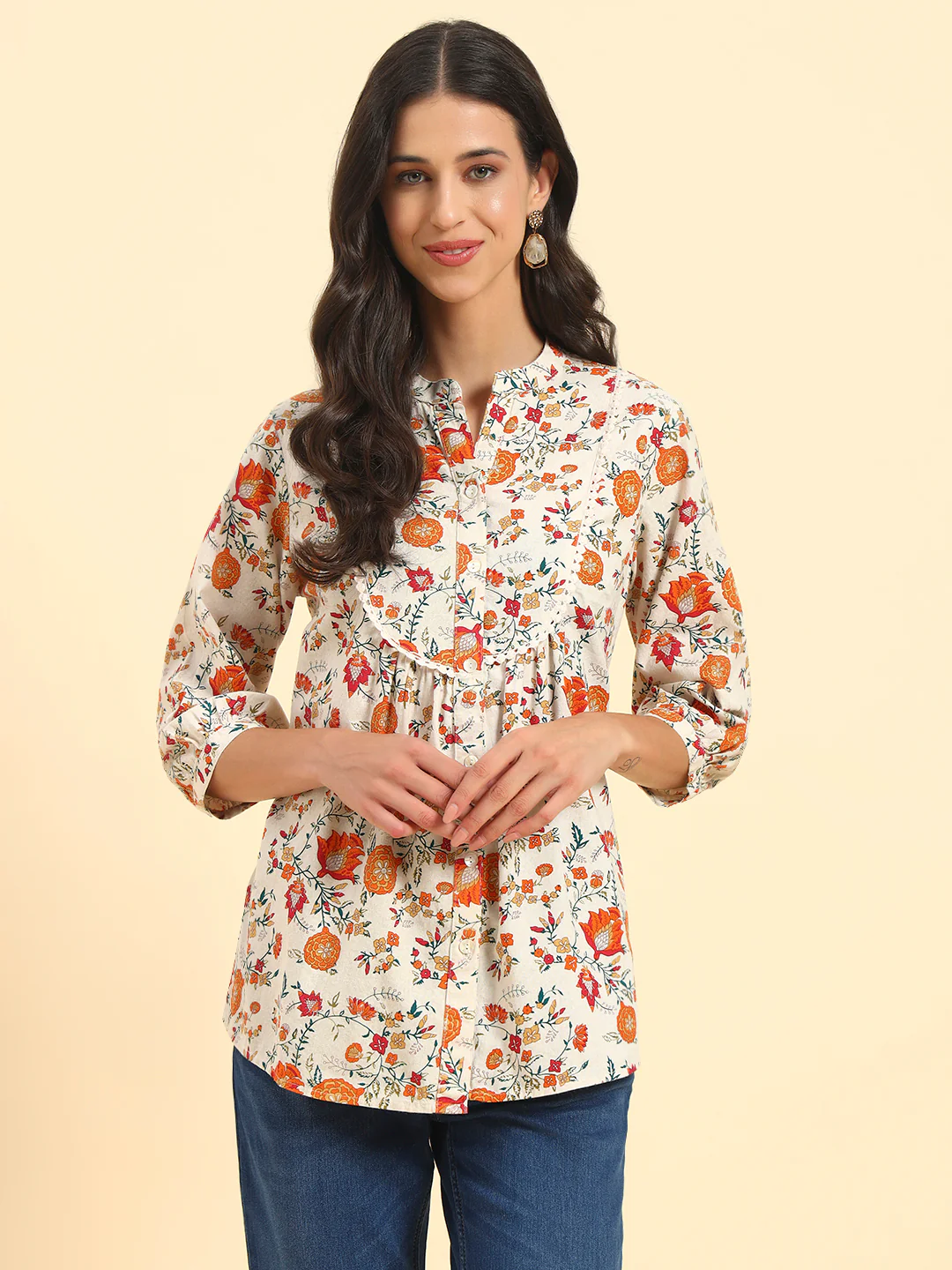 Women's Off White Printed 3/4th Sleeve Mandarin Collar Casual Tunic - Image 4