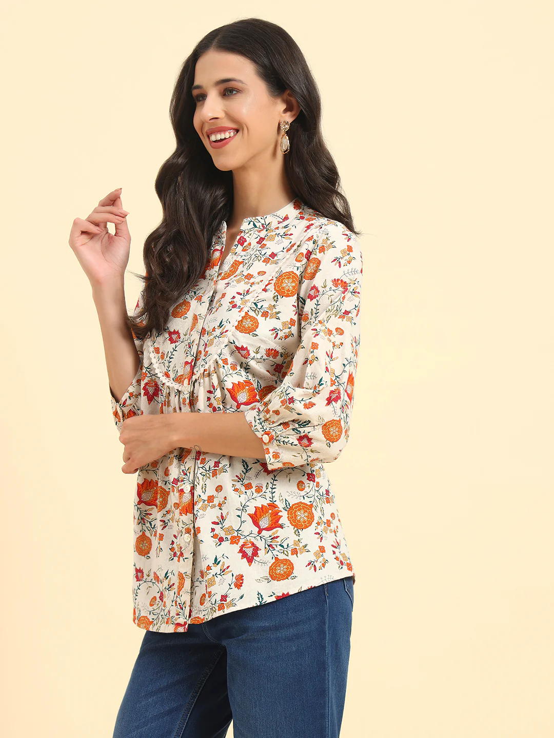 Women's Off White Printed 3/4th Sleeve Mandarin Collar Casual Tunic - Image 5