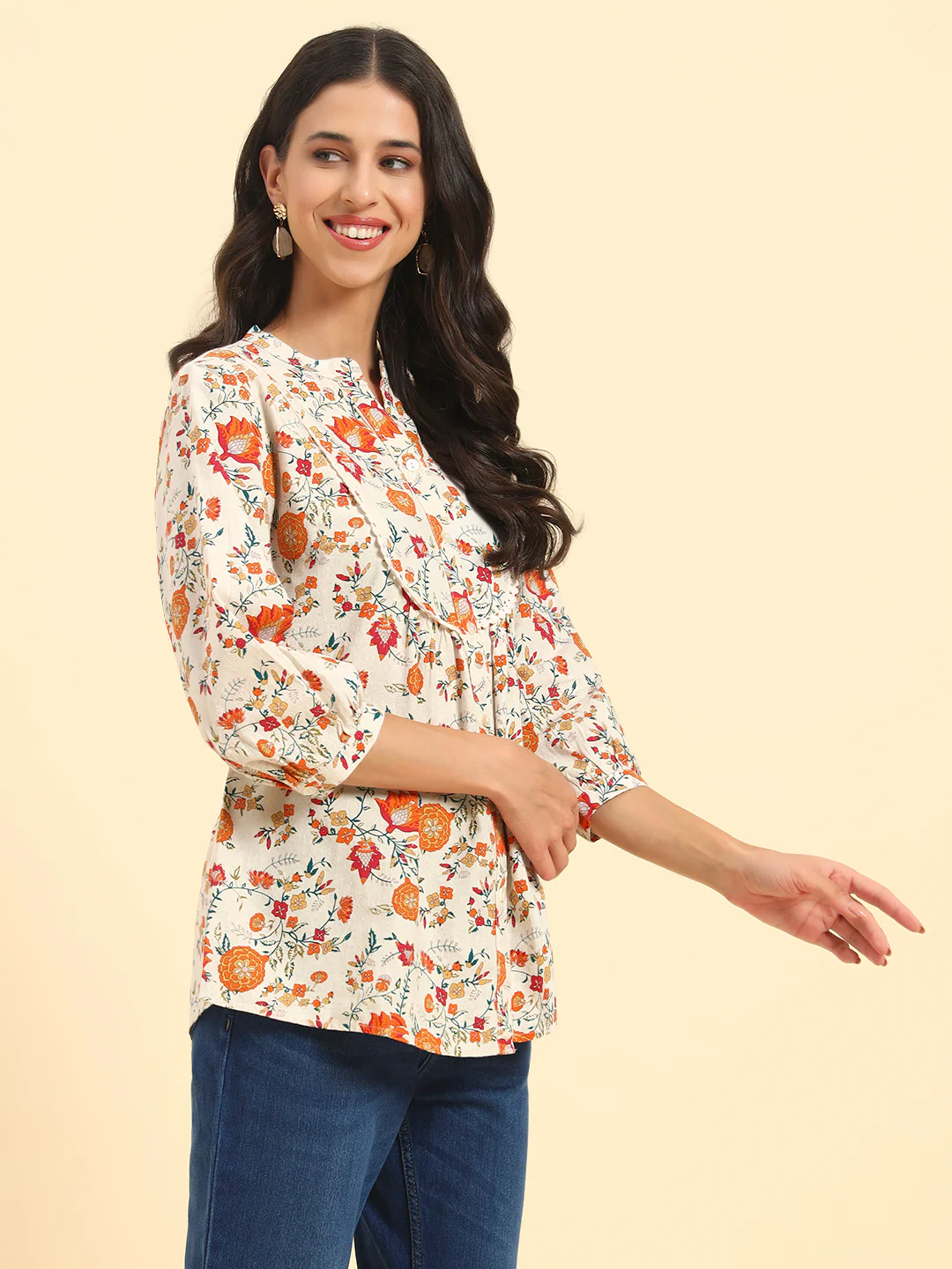 Women's Off White Printed 3/4th Sleeve Mandarin Collar Casual Tunic - Image 6