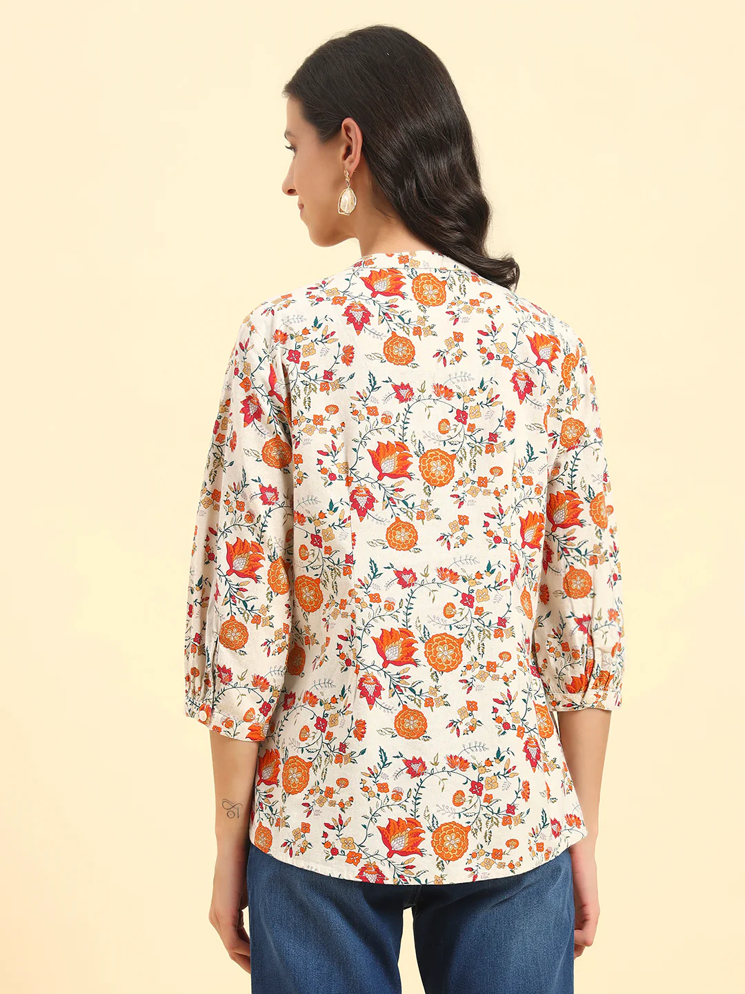 Women's Off White Printed 3/4th Sleeve Mandarin Collar Casual Tunic - Image 7