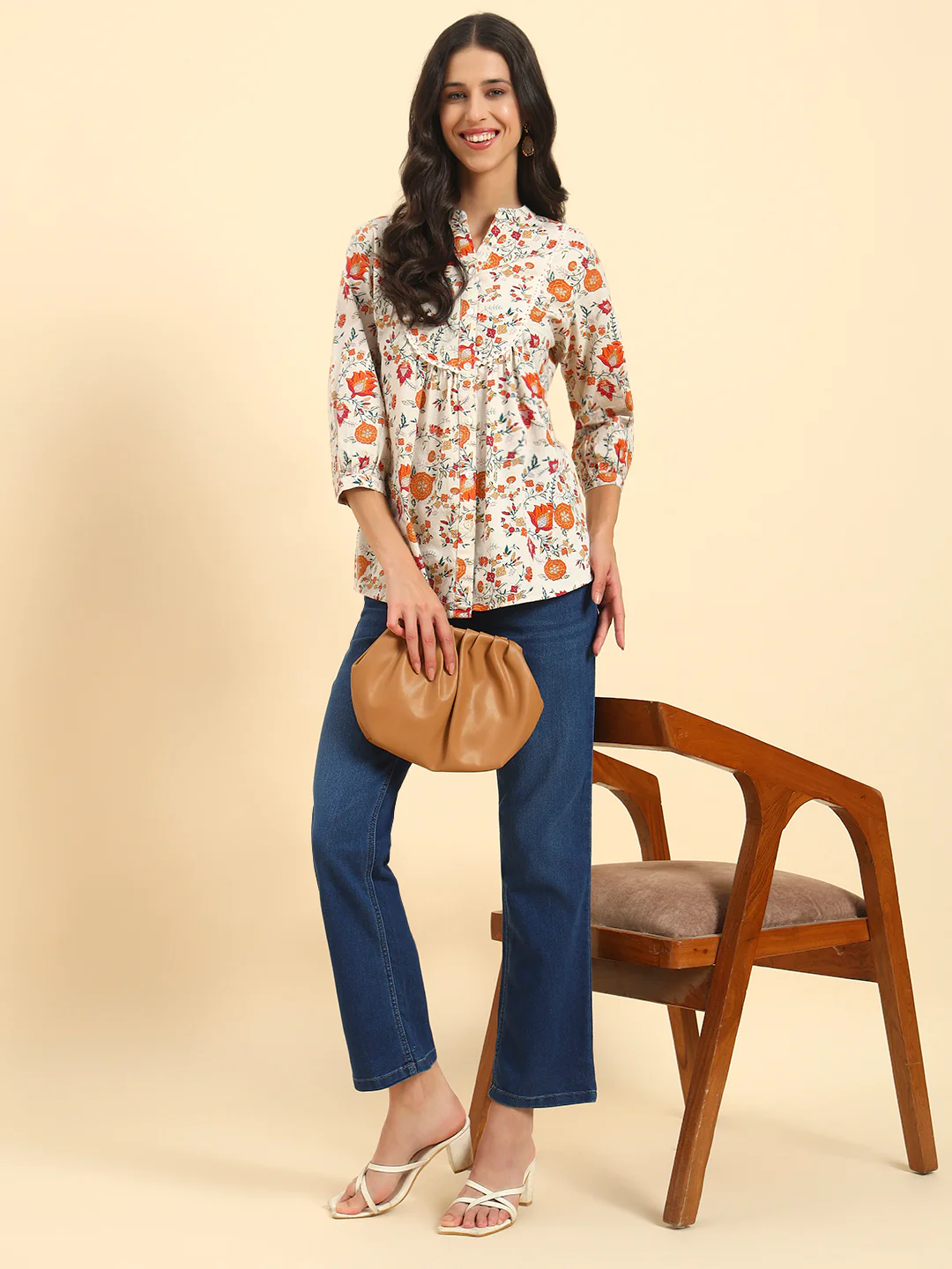 Women's Off White Printed 3/4th Sleeve Mandarin Collar Casual Tunic - Image 9