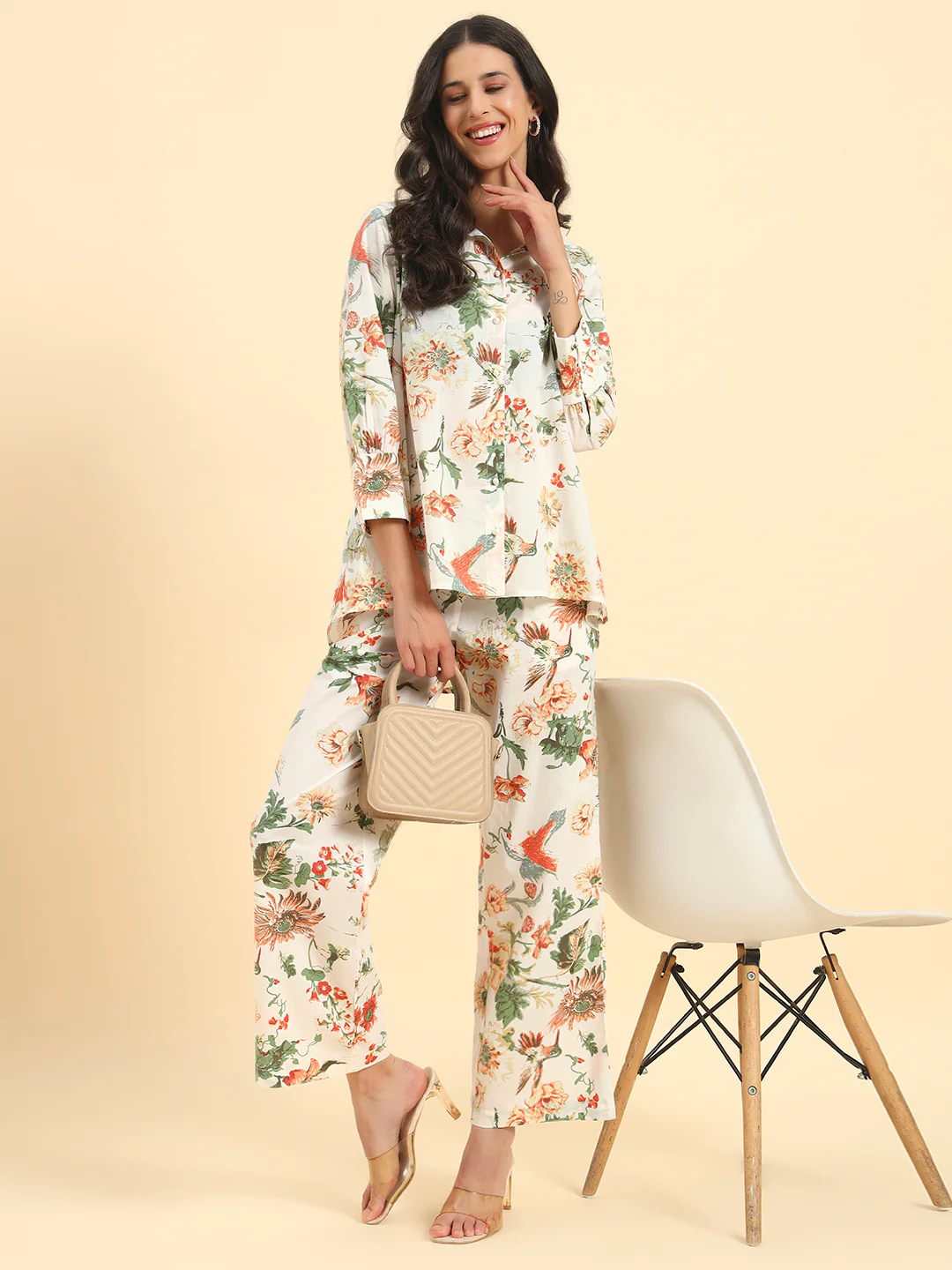 Women's Off White Printed 3/4th Sleeve Shirt Collar Co Ord Set - Image 9