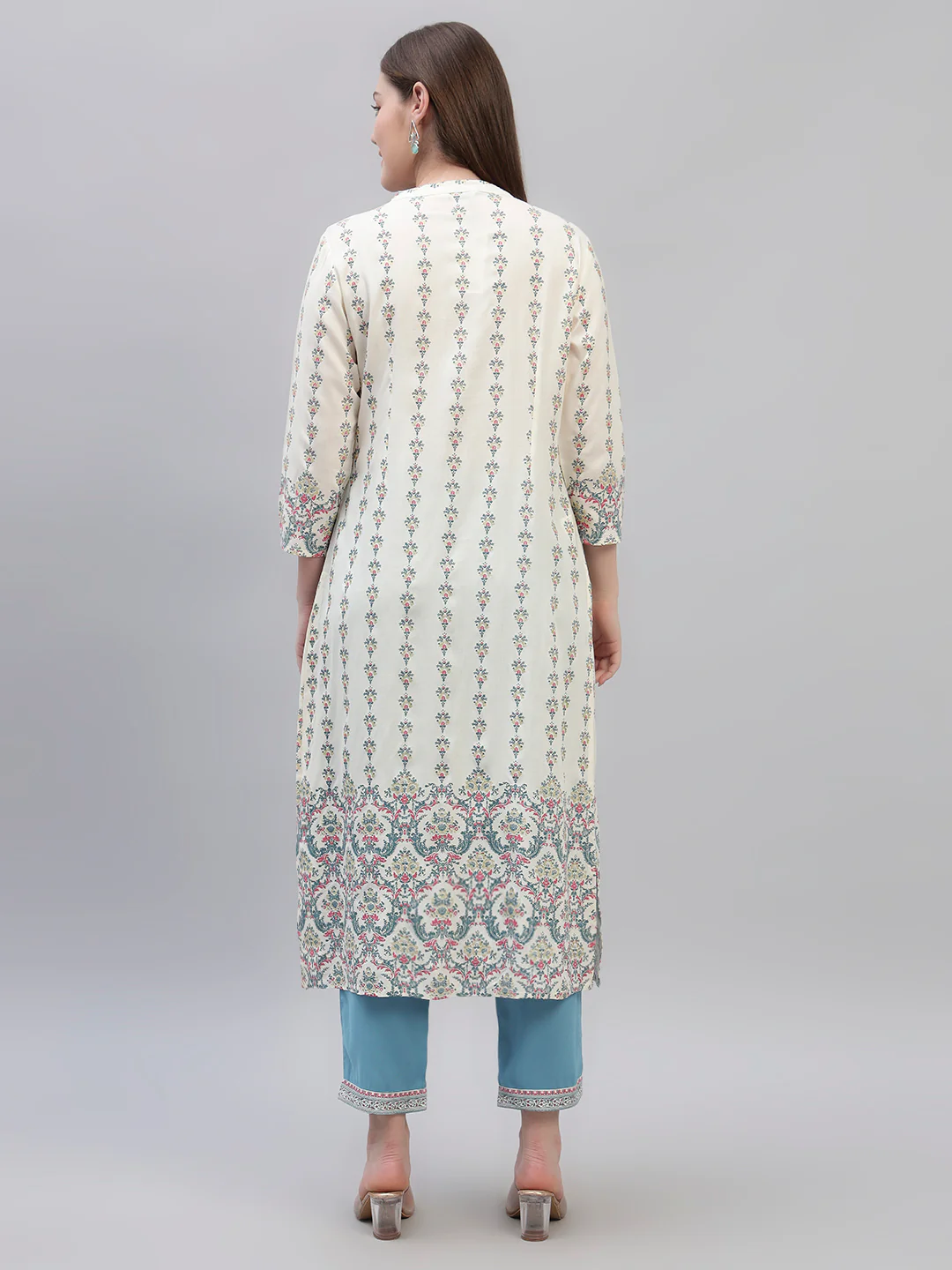 Women's Off White Printed 3/4th Sleeves Round Neck Casual Kurti Plazo Set - Image 4