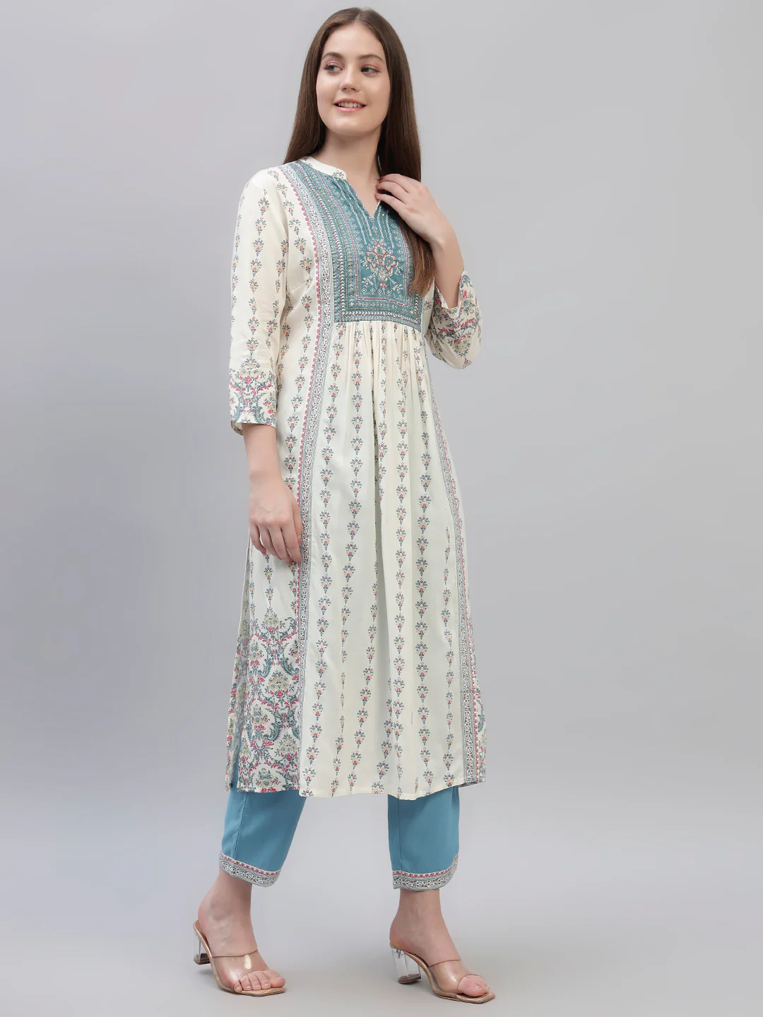 Women's Off White Printed 3/4th Sleeves Round Neck Casual Kurti Plazo Set - Image 5
