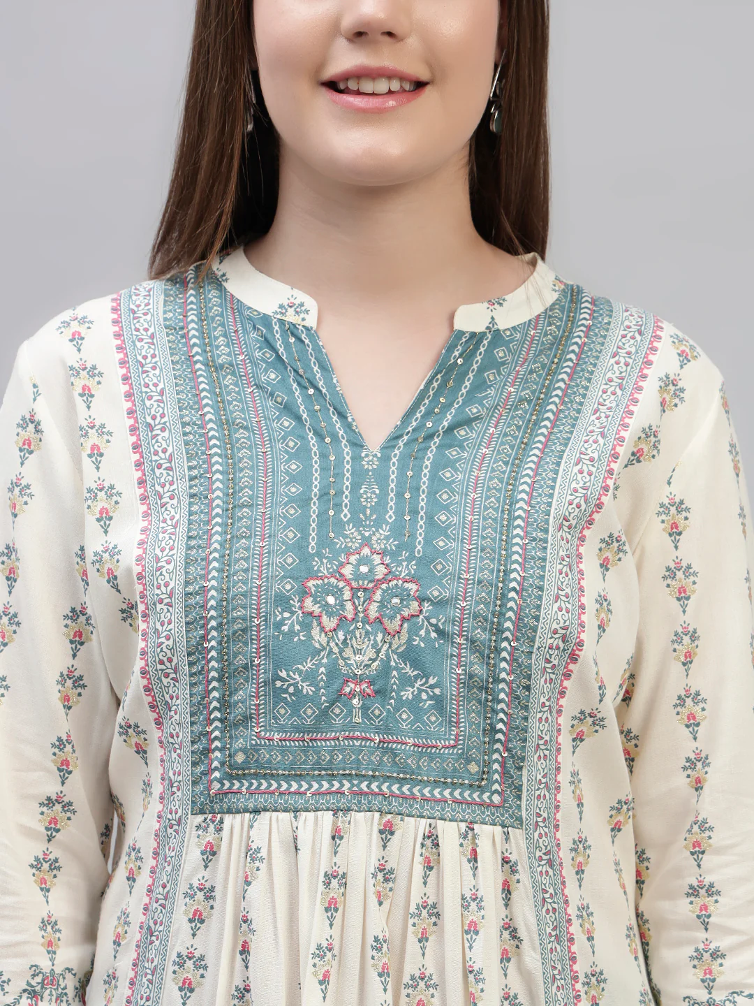 Women's Off White Printed 3/4th Sleeves Round Neck Casual Kurti Plazo Set - Image 6