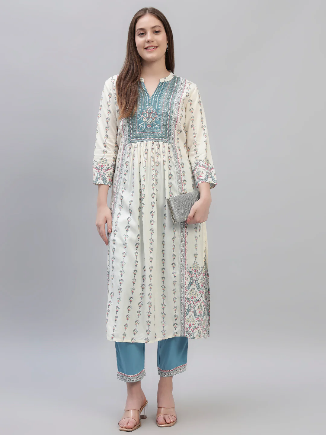 Women's Off White Printed 3/4th Sleeves Round Neck Casual Kurti Plazo Set - Image 7