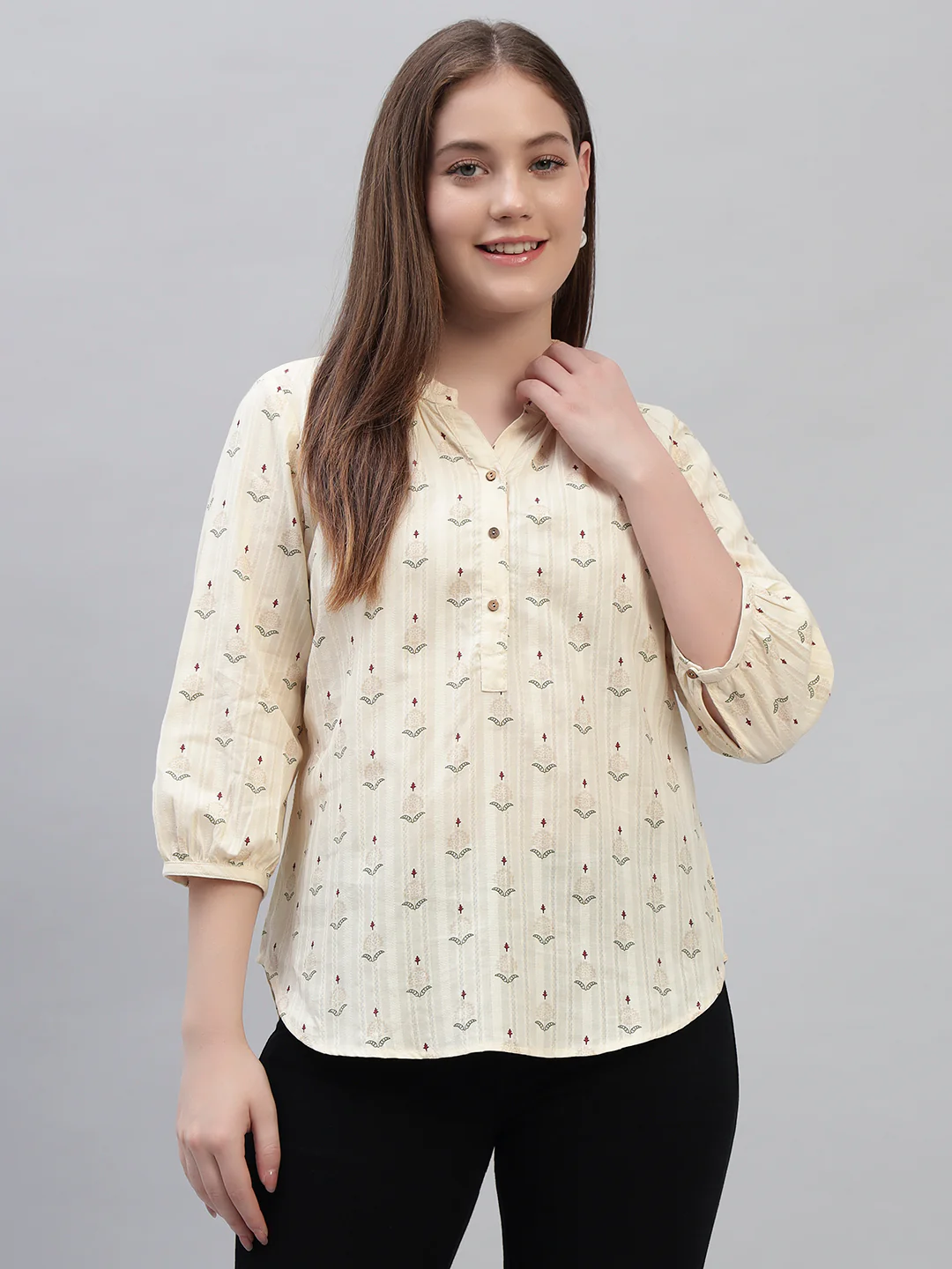 Women's Off White Printed 3/4th Sleeves Round Neck Casual Tunic - Image 2