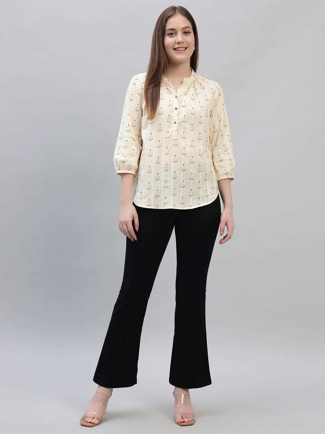Women's Off White Printed 3/4th Sleeves Round Neck Casual Tunic - Image 5
