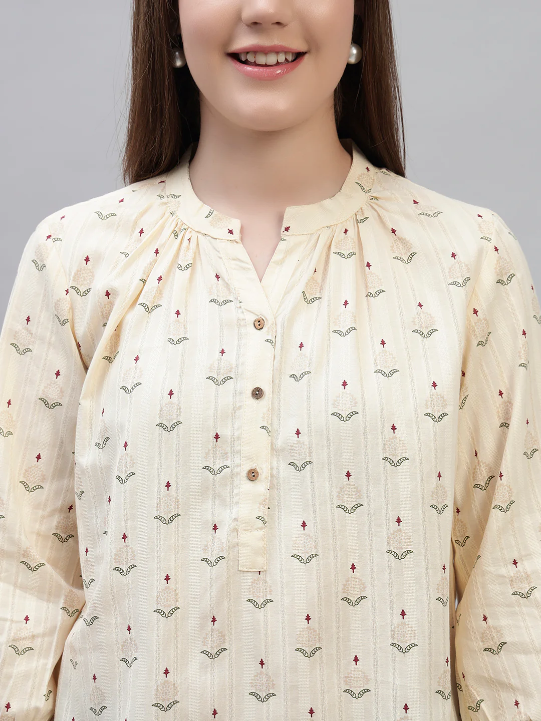 Women's Off White Printed 3/4th Sleeves Round Neck Casual Tunic - Image 6