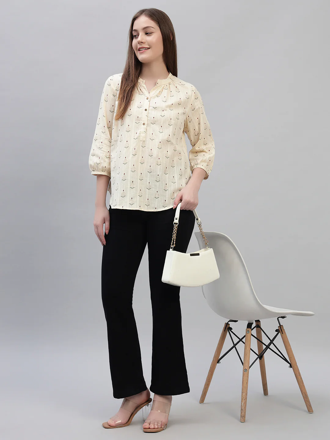 Women's Off White Printed 3/4th Sleeves Round Neck Casual Tunic - Image 8