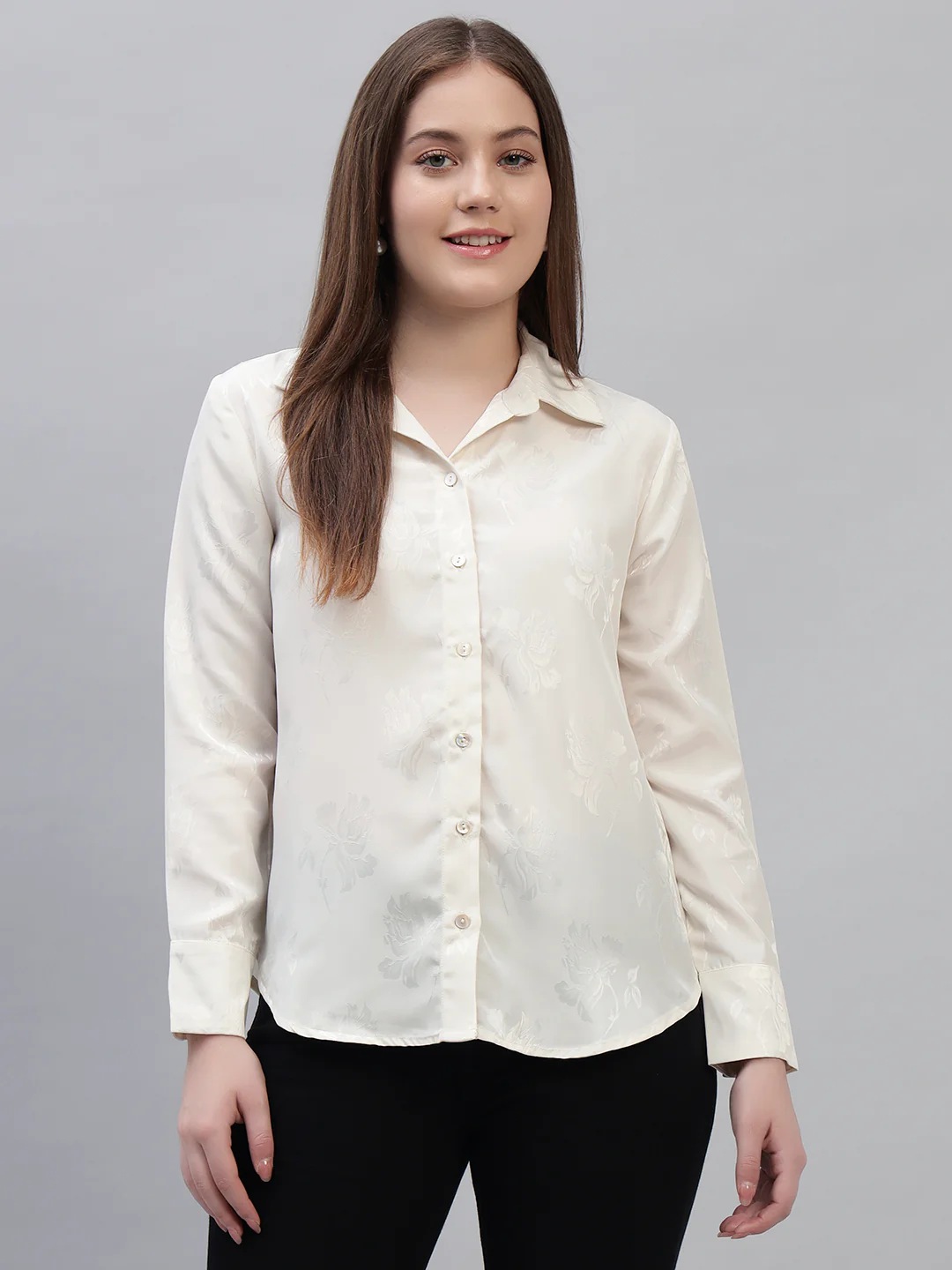 Women's Off White Self Design Full Sleeves Spread Collar Casual Top - Image 2