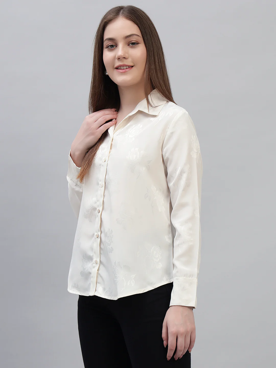 Women's Off White Self Design Full Sleeves Spread Collar Casual Top - Image 3