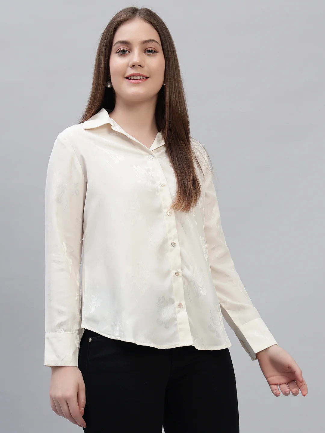 Women's Off White Self Design Full Sleeves Spread Collar Casual Top - Image 4