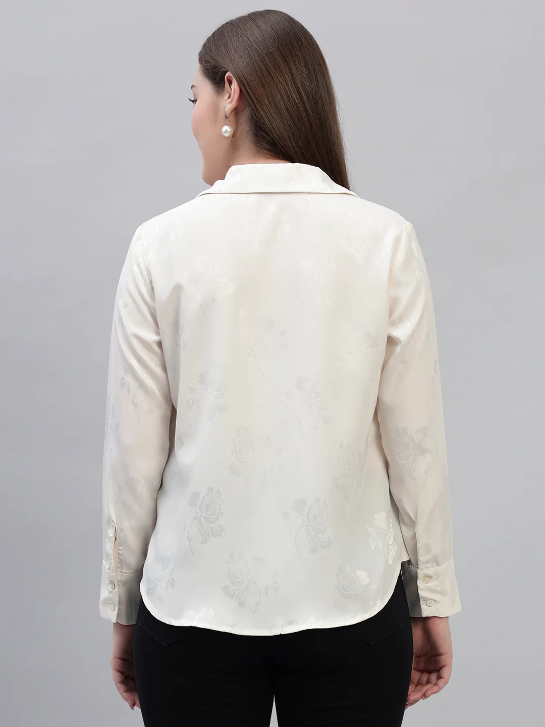 Women's Off White Self Design Full Sleeves Spread Collar Casual Top - Image 6