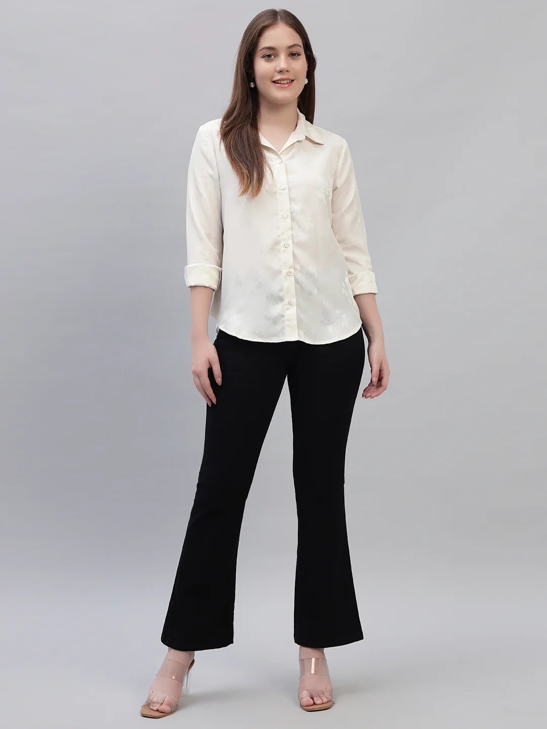 Women's Off White Self Design Full Sleeves Spread Collar Casual Top - Image 7