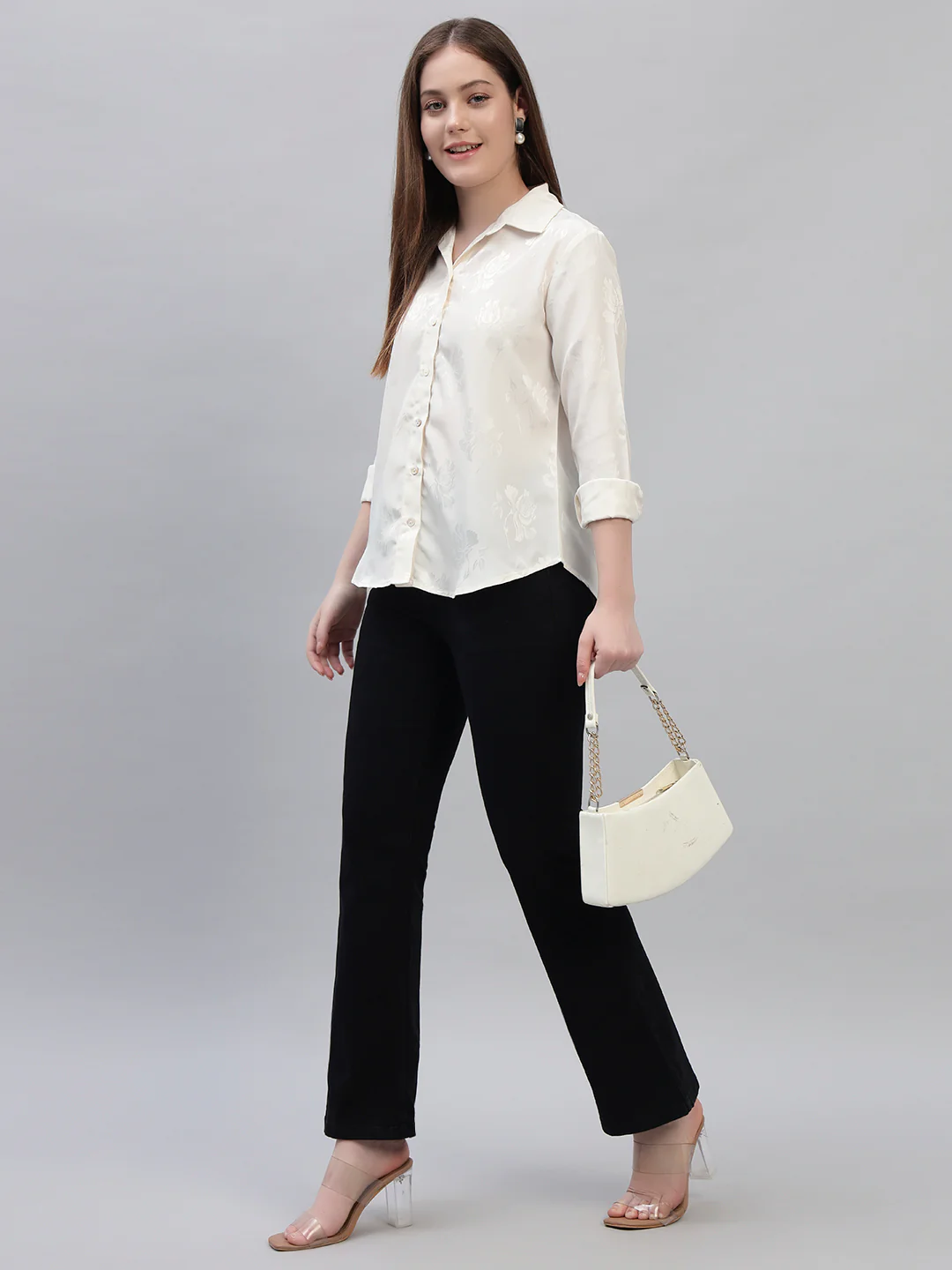 Women's Off White Self Design Full Sleeves Spread Collar Casual Top - Image 8