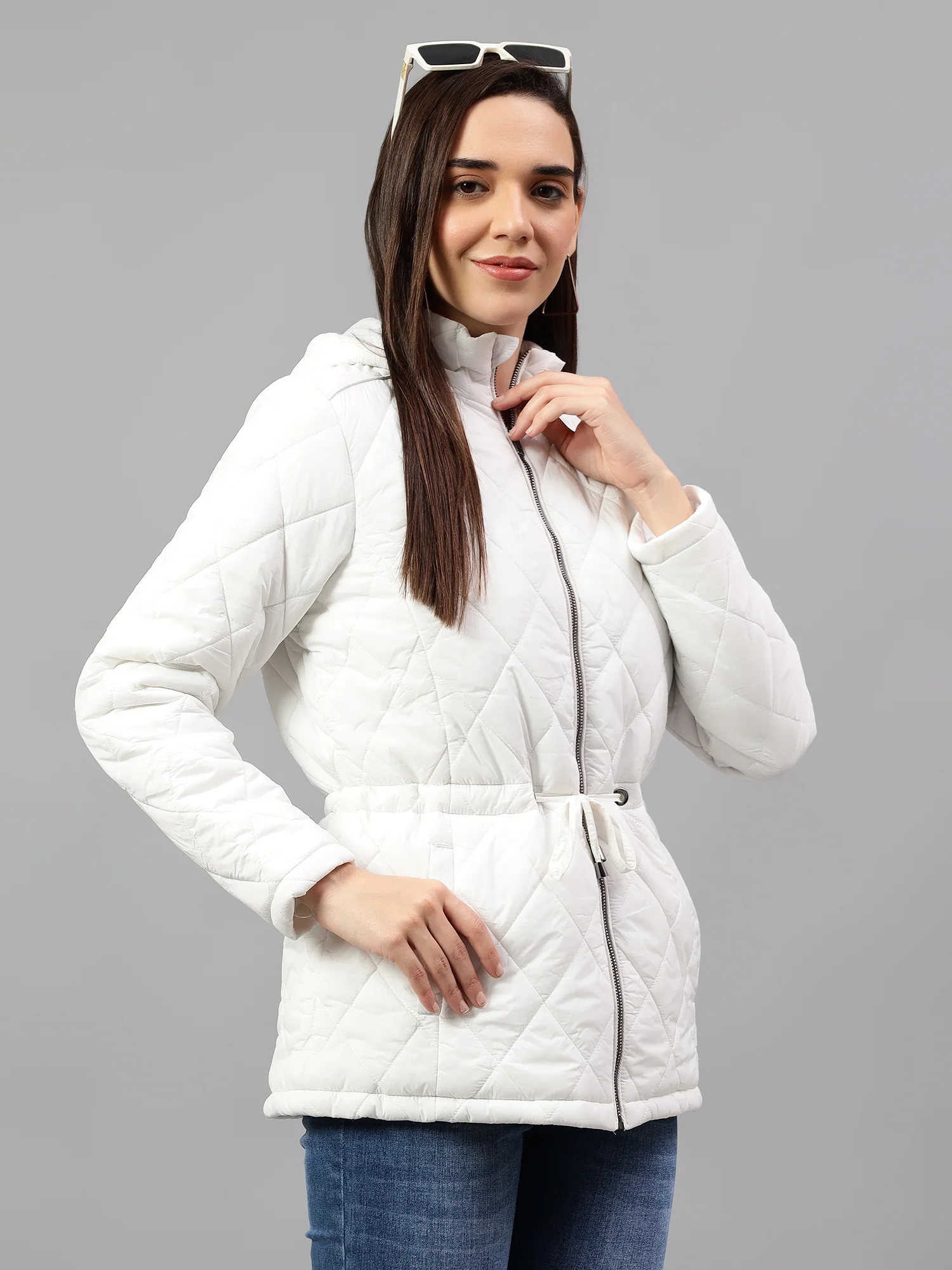 Women's Off White Solid Full Sleeves Winter Jacket - Image 3