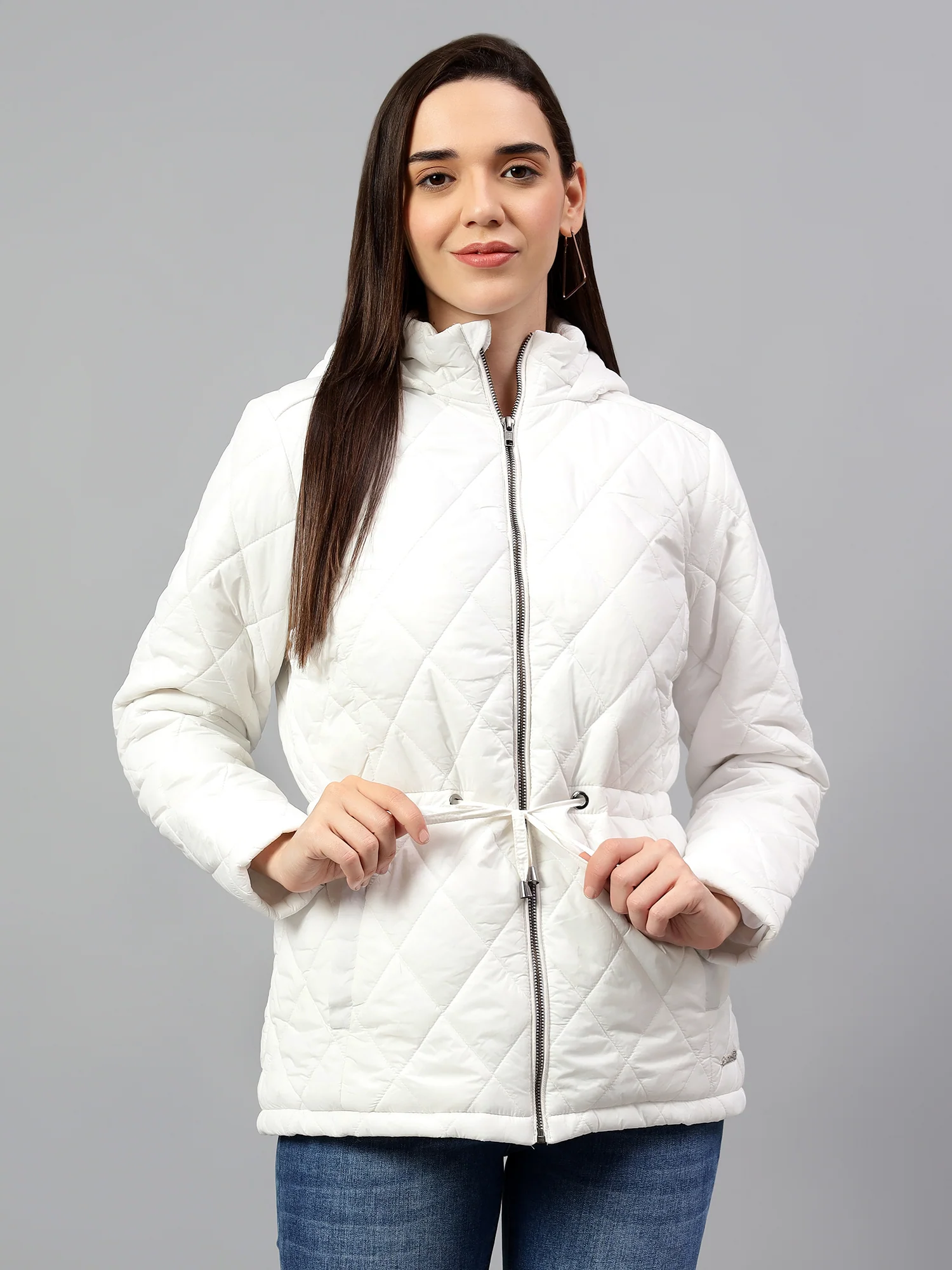 Women's Off White Solid Full Sleeves Winter Jacket - Image 4