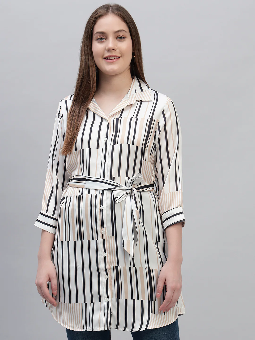 Women's Off White Striped 3/4th Sleeves Spread Collar Casual Long Tunic - Image 2