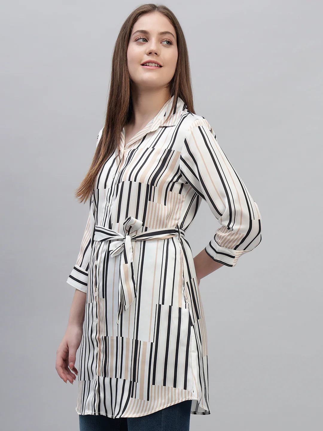 Women's Off White Striped 3/4th Sleeves Spread Collar Casual Long Tunic - Image 3
