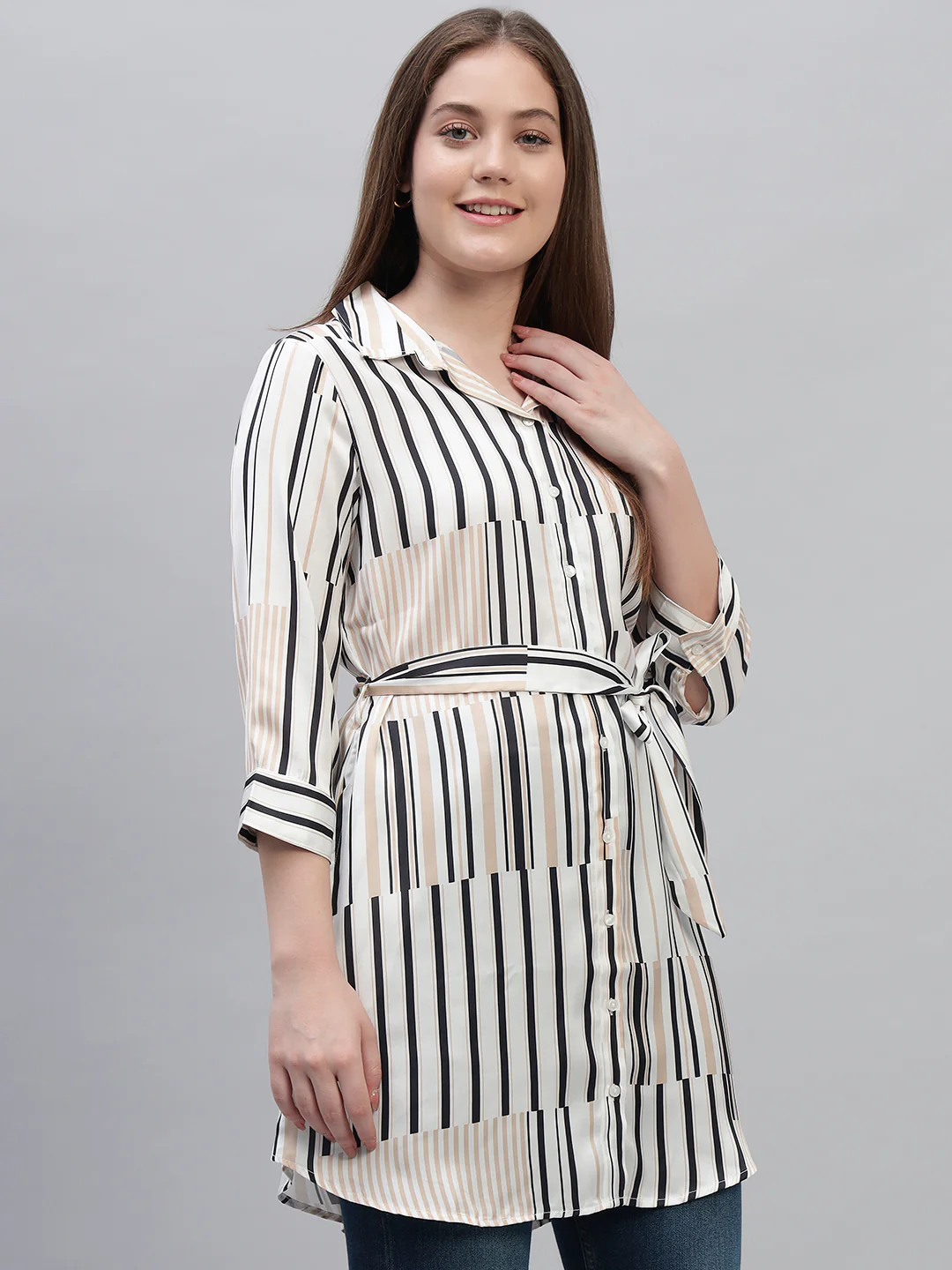 Women's Off White Striped 3/4th Sleeves Spread Collar Casual Long Tunic - Image 4