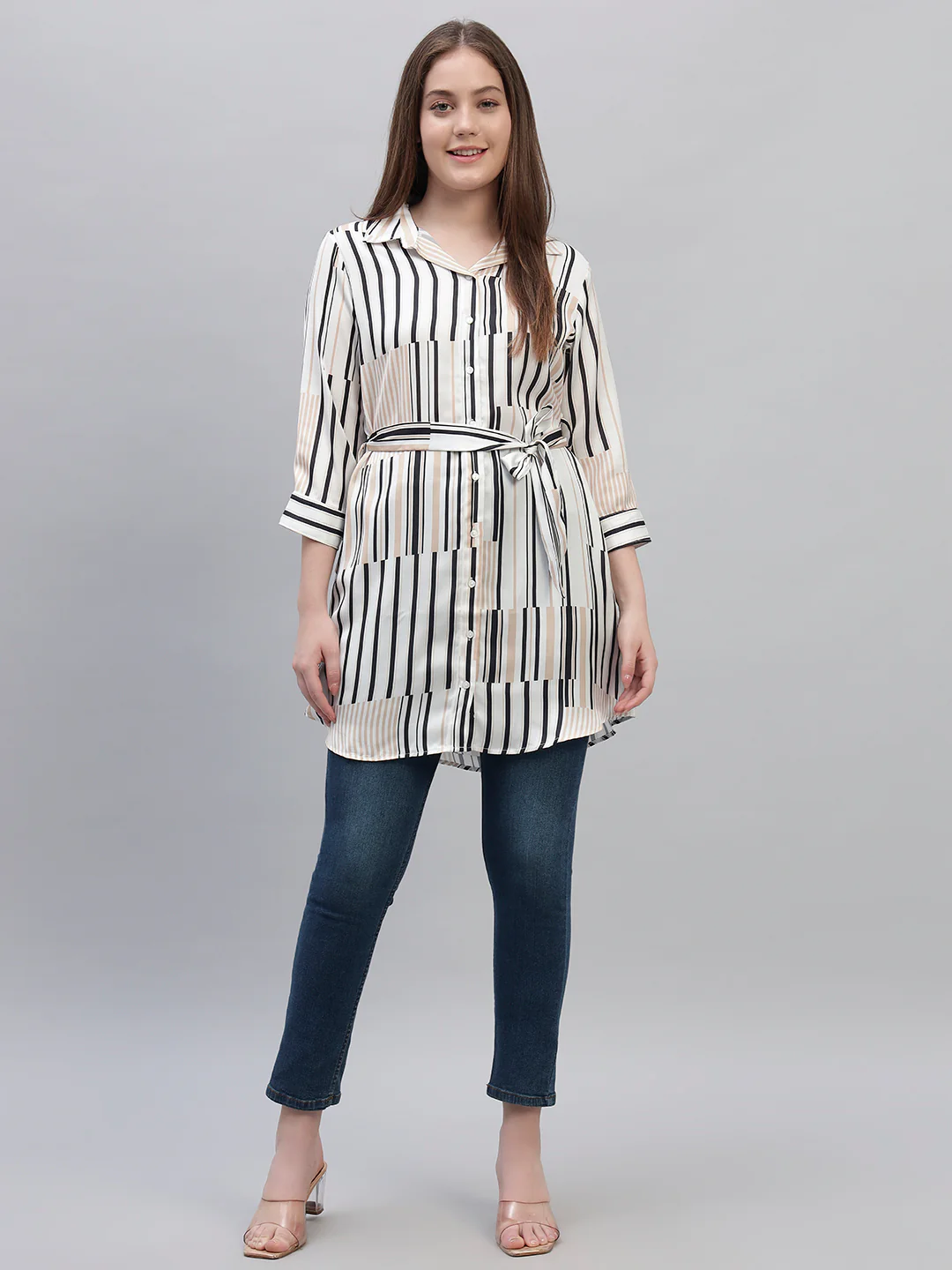 Women's Off White Striped 3/4th Sleeves Spread Collar Casual Long Tunic - Image 5