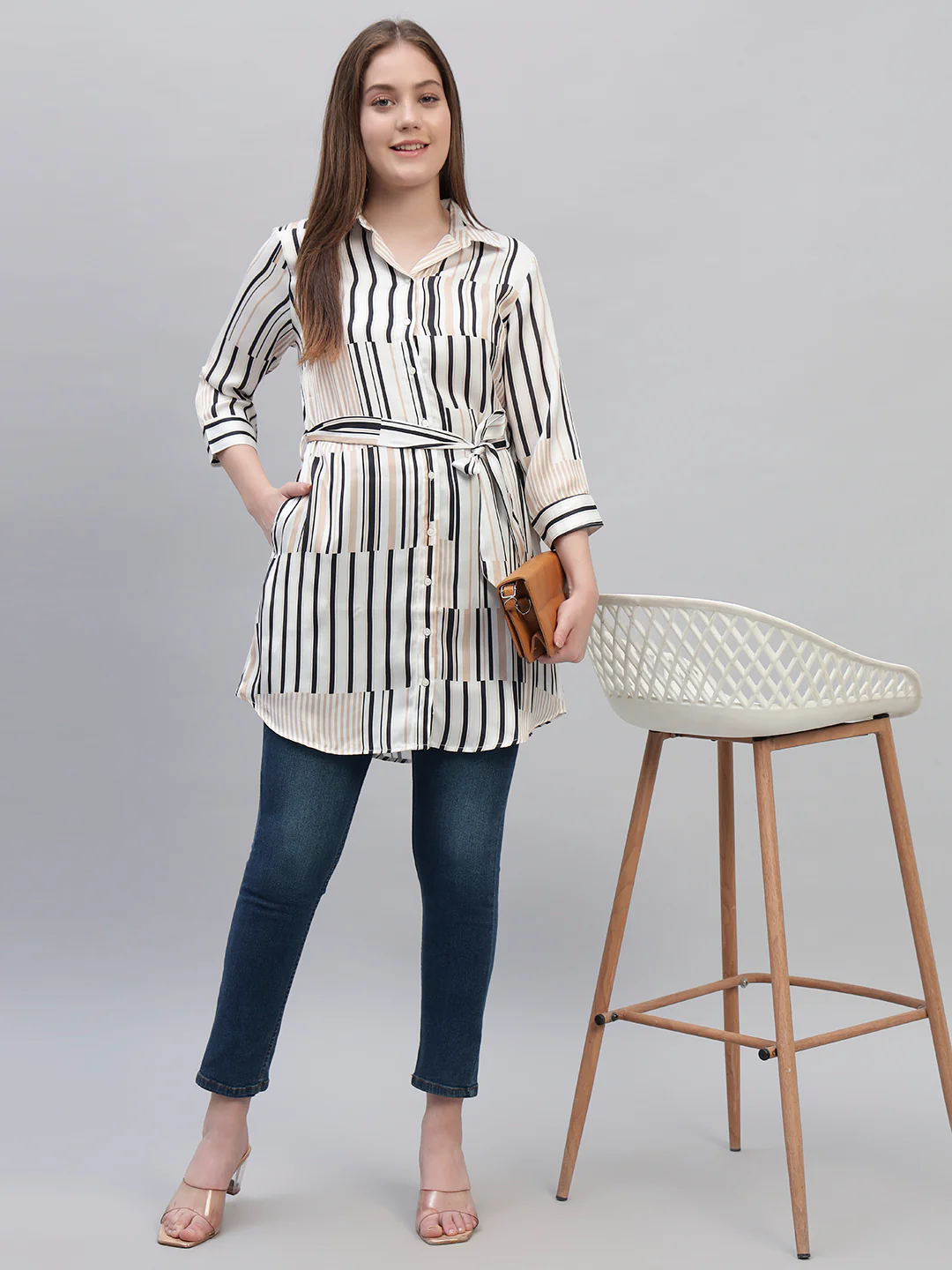 Women's Off White Striped 3/4th Sleeves Spread Collar Casual Long Tunic - Image 7