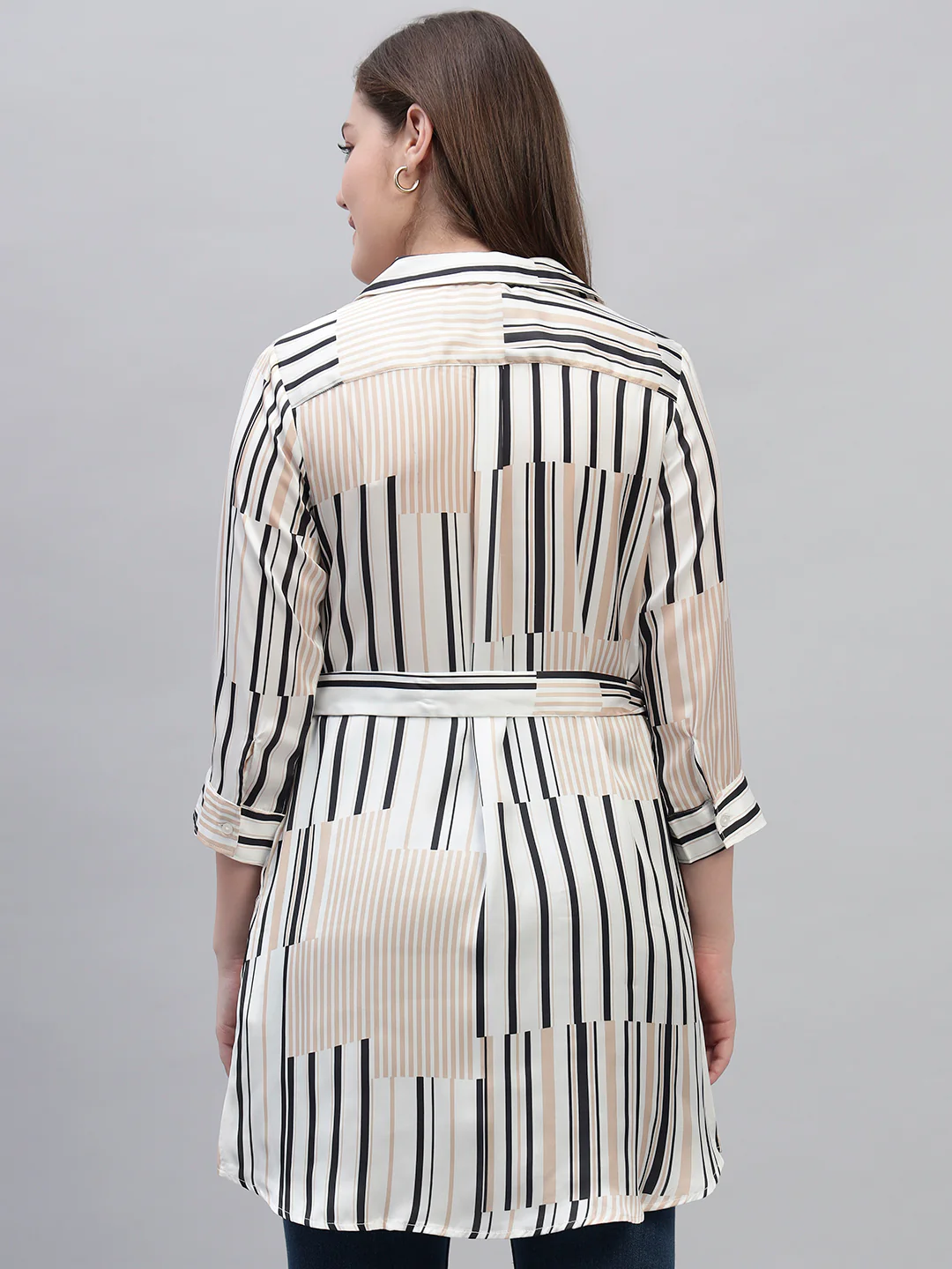 Women's Off White Striped 3/4th Sleeves Spread Collar Casual Long Tunic - Image 8