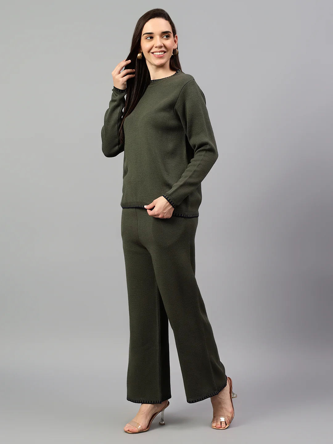 Women's Olive Green Solid Winter Co-Ord Set - Image 3