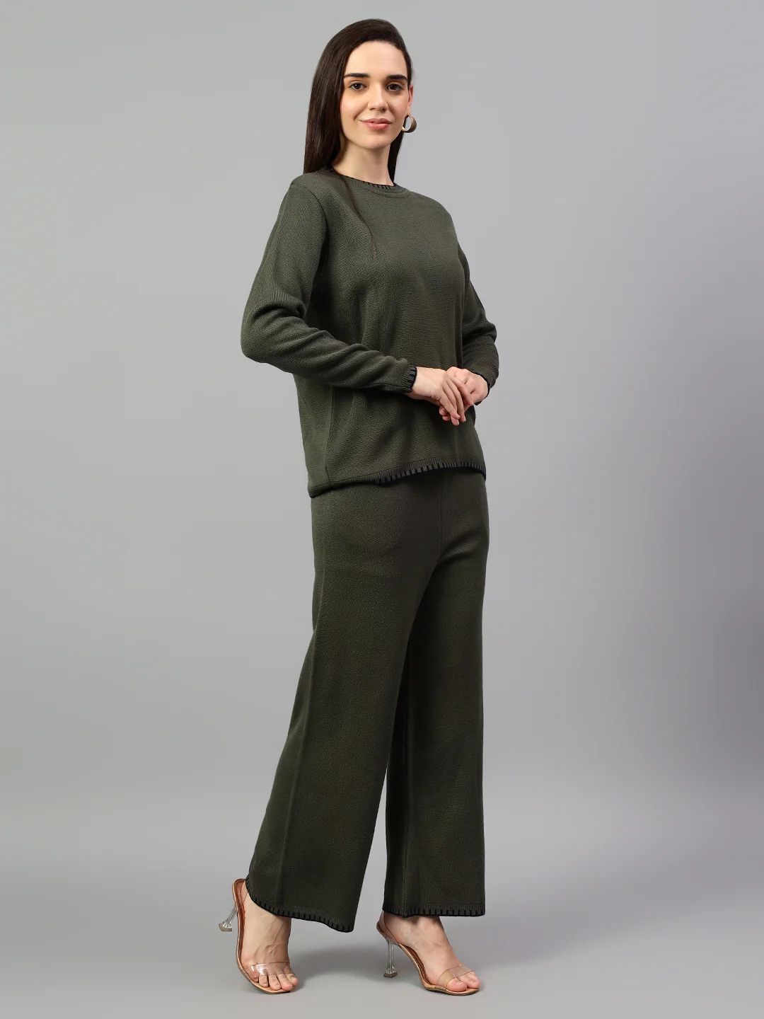 Women's Olive Green Solid Winter Co-Ord Set - Image 4