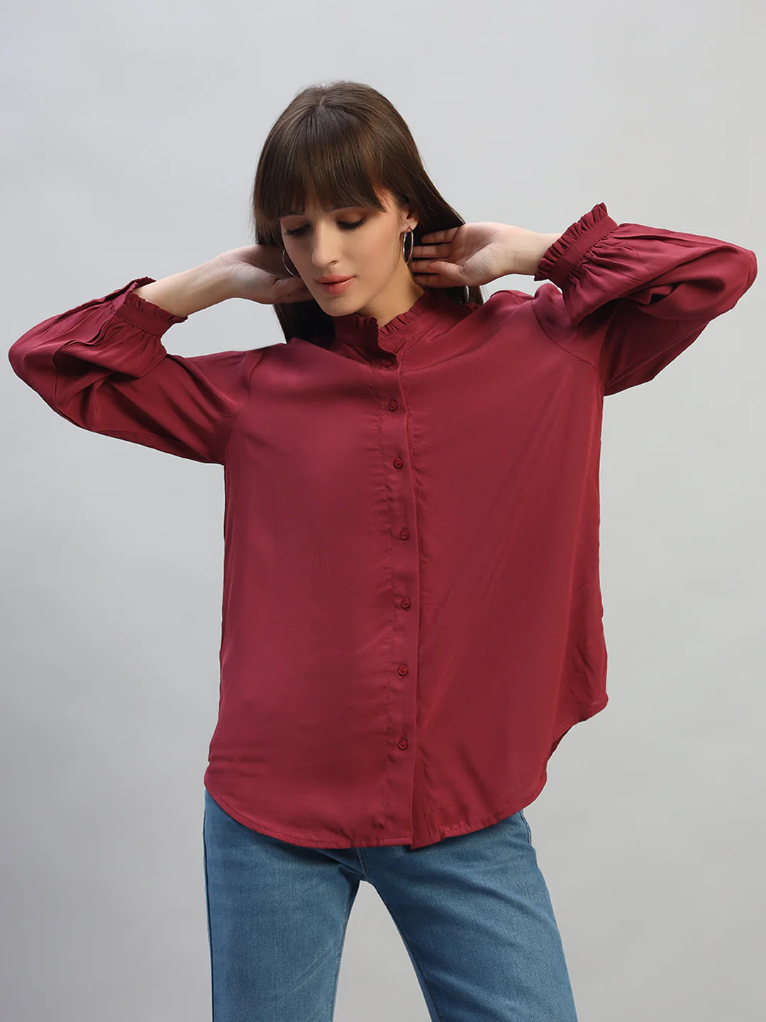 Women's Onion Solid Full Sleeves Mandarin Collar Casual Top - Image 2