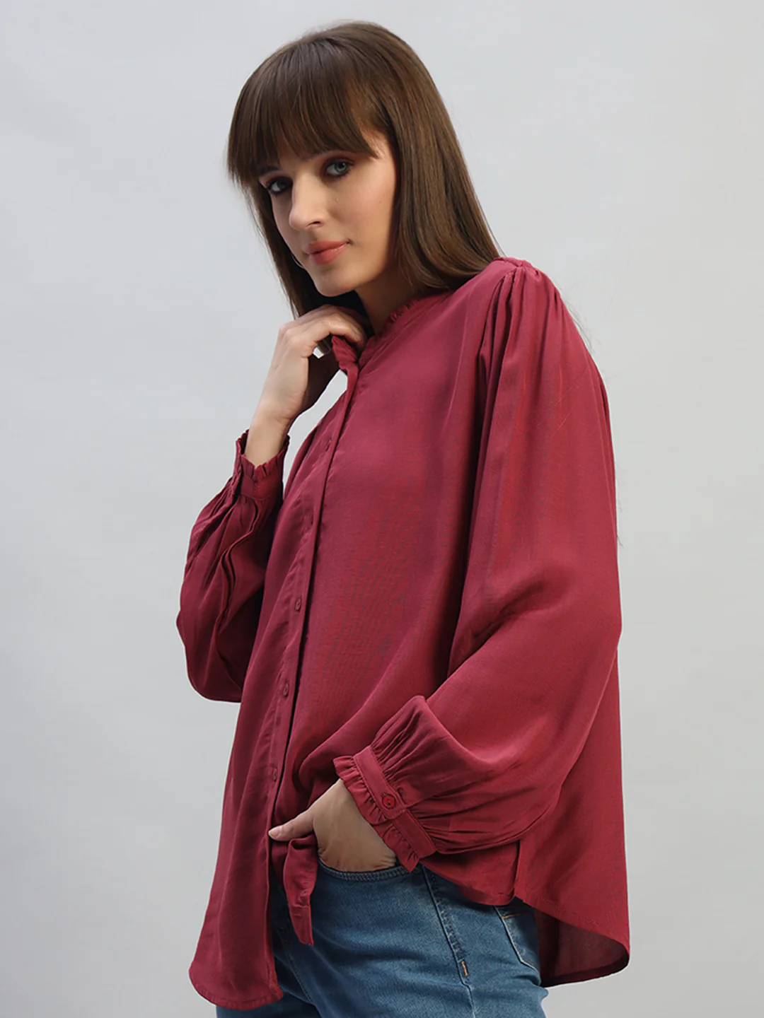 Women's Onion Solid Full Sleeves Mandarin Collar Casual Top - Image 3