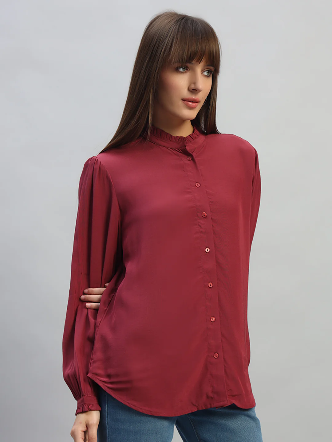 Women's Onion Solid Full Sleeves Mandarin Collar Casual Top - Image 5