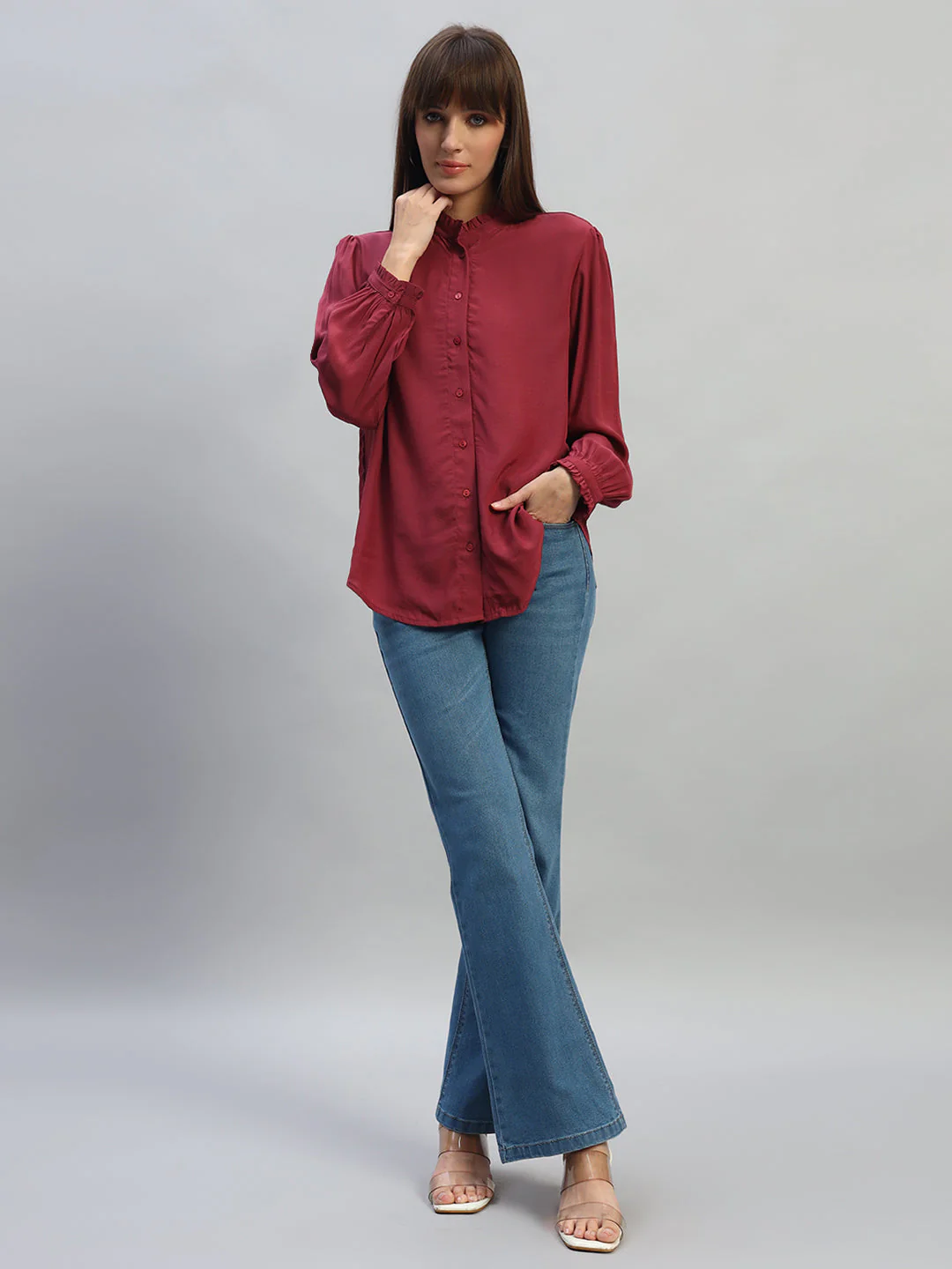Women's Onion Solid Full Sleeves Mandarin Collar Casual Top - Image 7