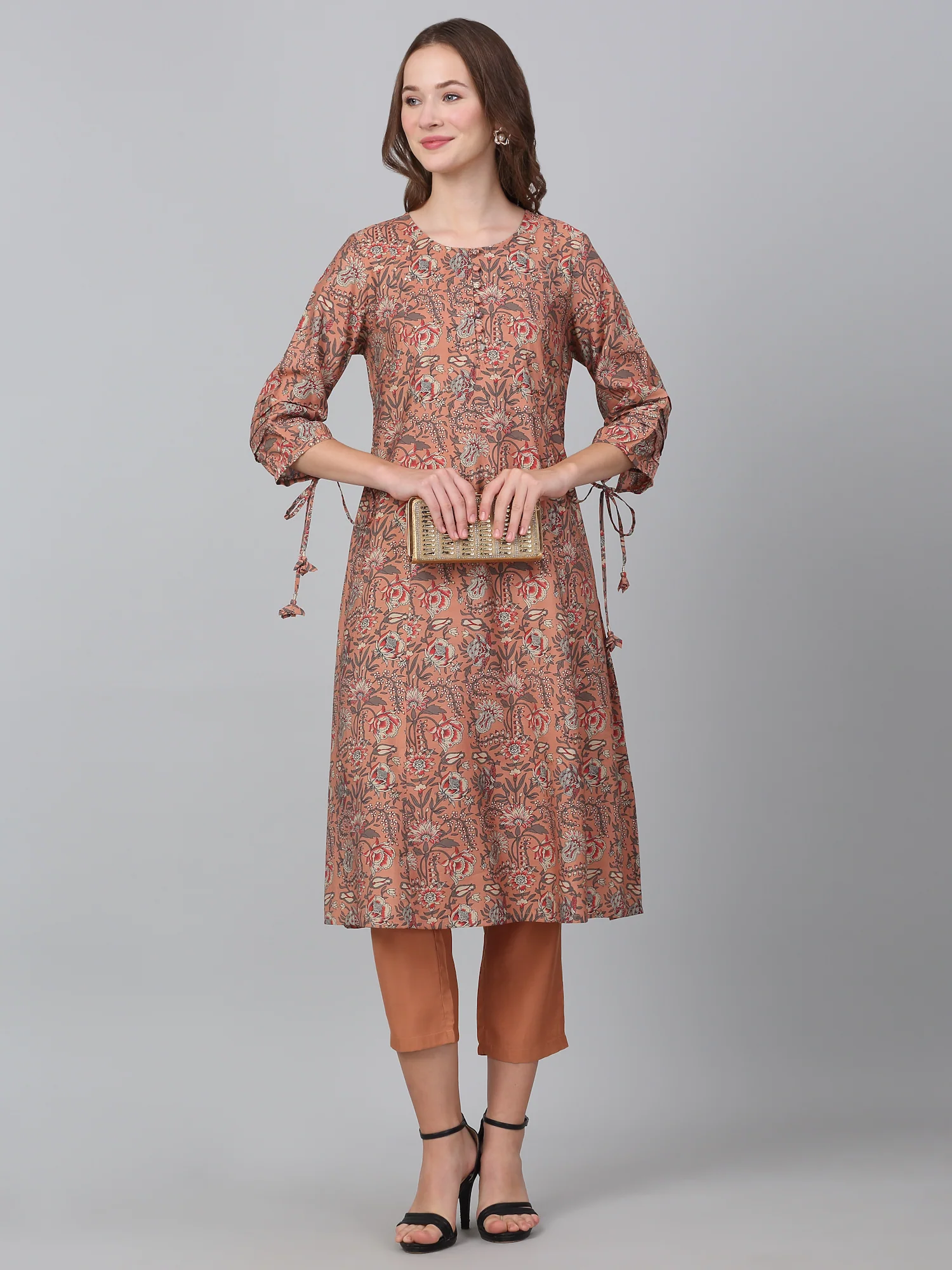 Women's Peach Printed Casual Kurta Plazzo Set - Image 2