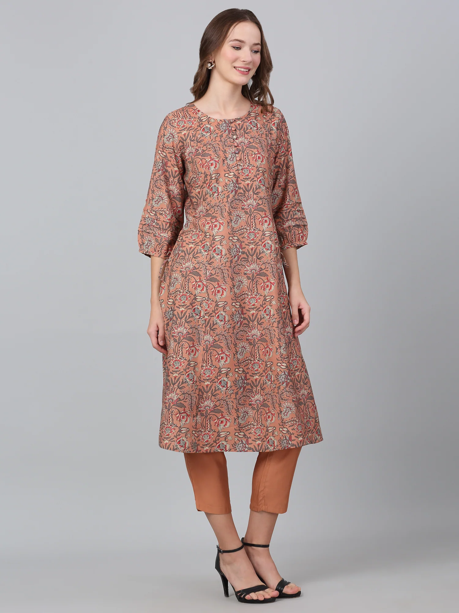 Women's Peach Printed Casual Kurta Plazzo Set - Image 4
