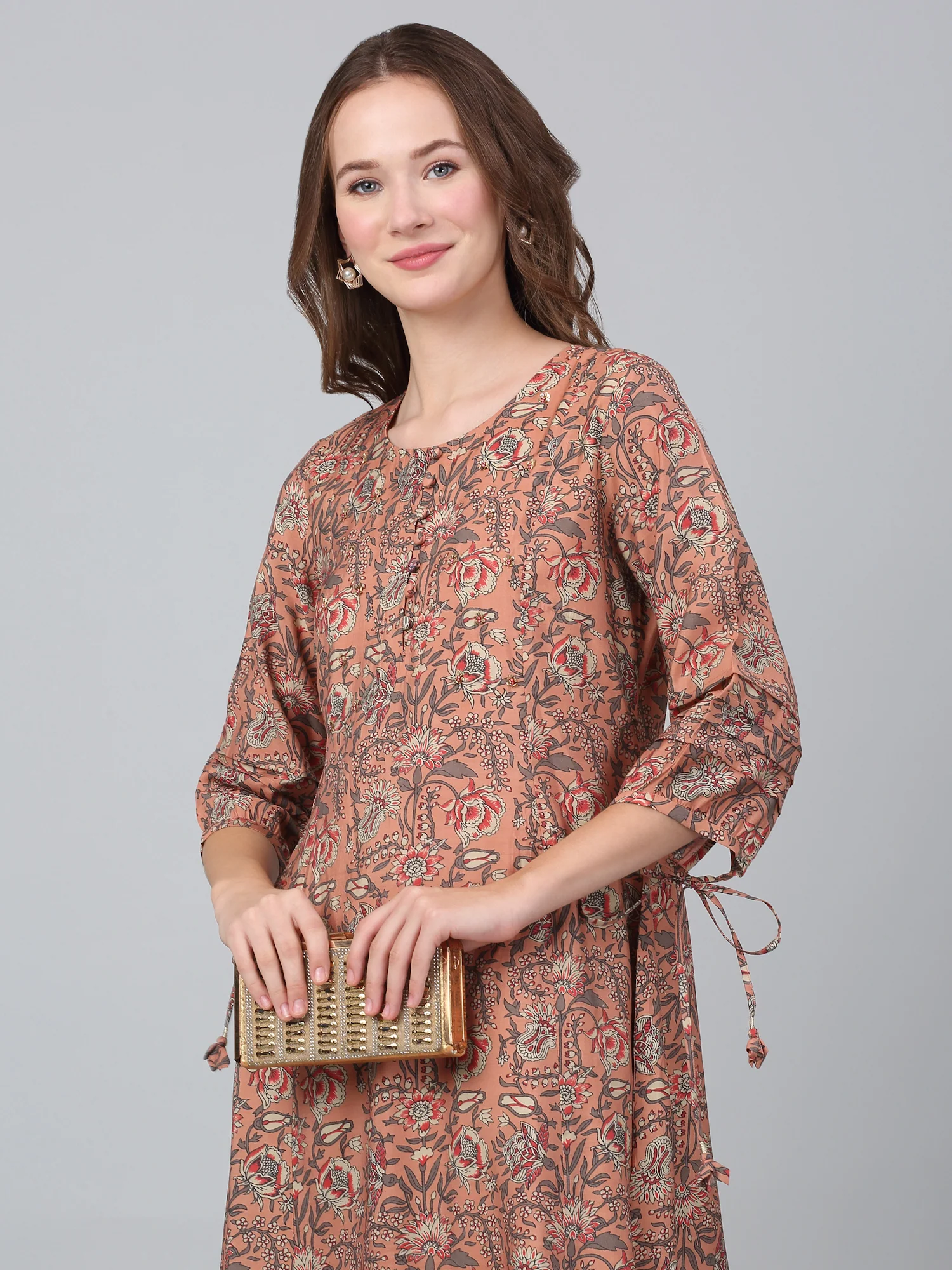 Women's Peach Printed Casual Kurta Plazzo Set - Image 5