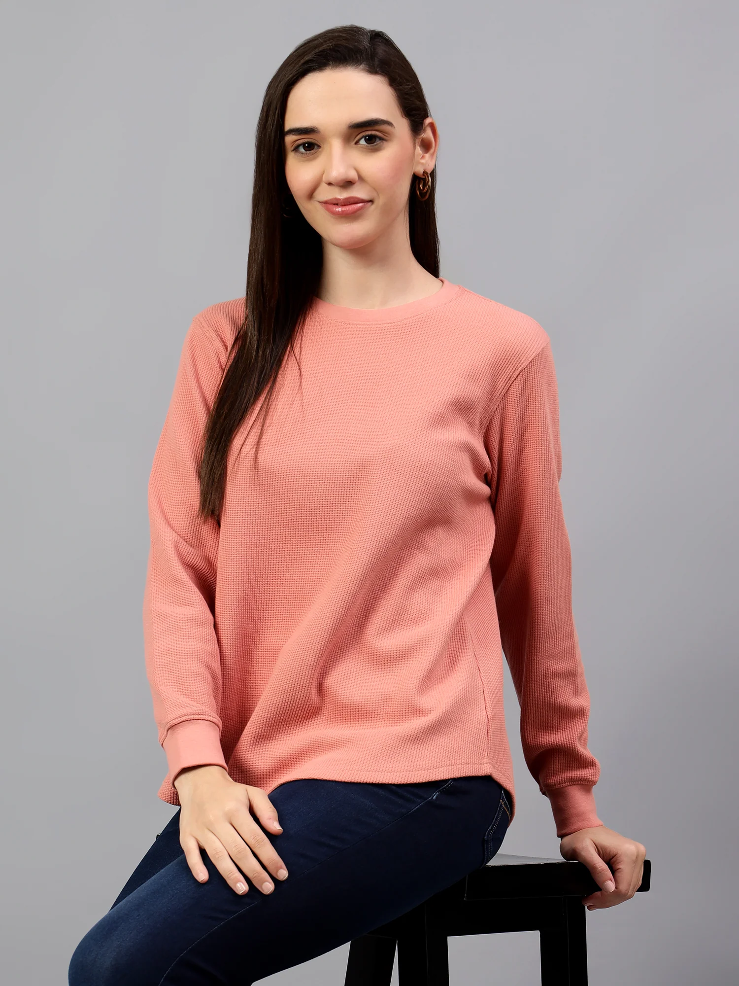 Women's Peach Self Design Round Neck Winter T-shirt - Image 2