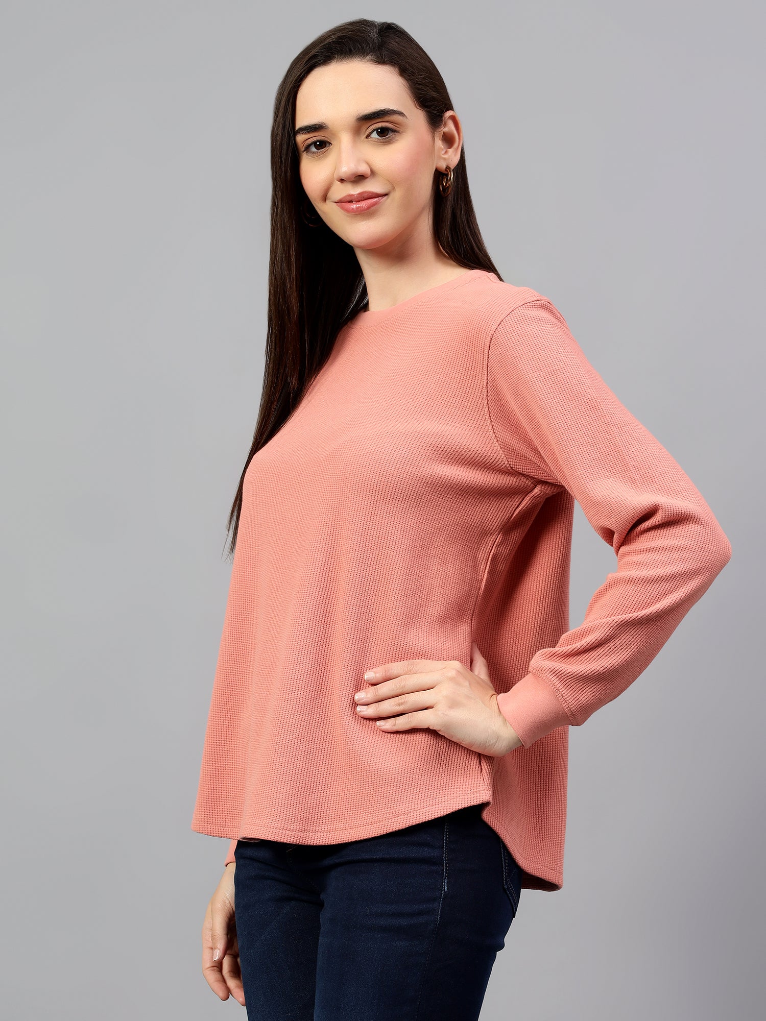 Women's Peach Self Design Round Neck Winter T-shirt - Image 3