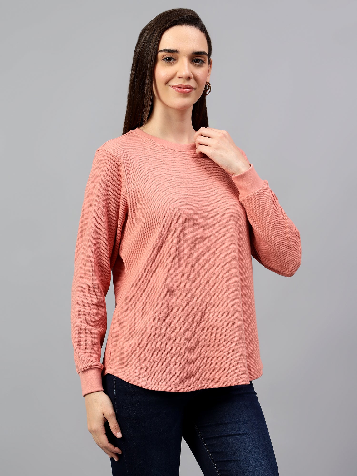 Women's Peach Self Design Round Neck Winter T-shirt - Image 4