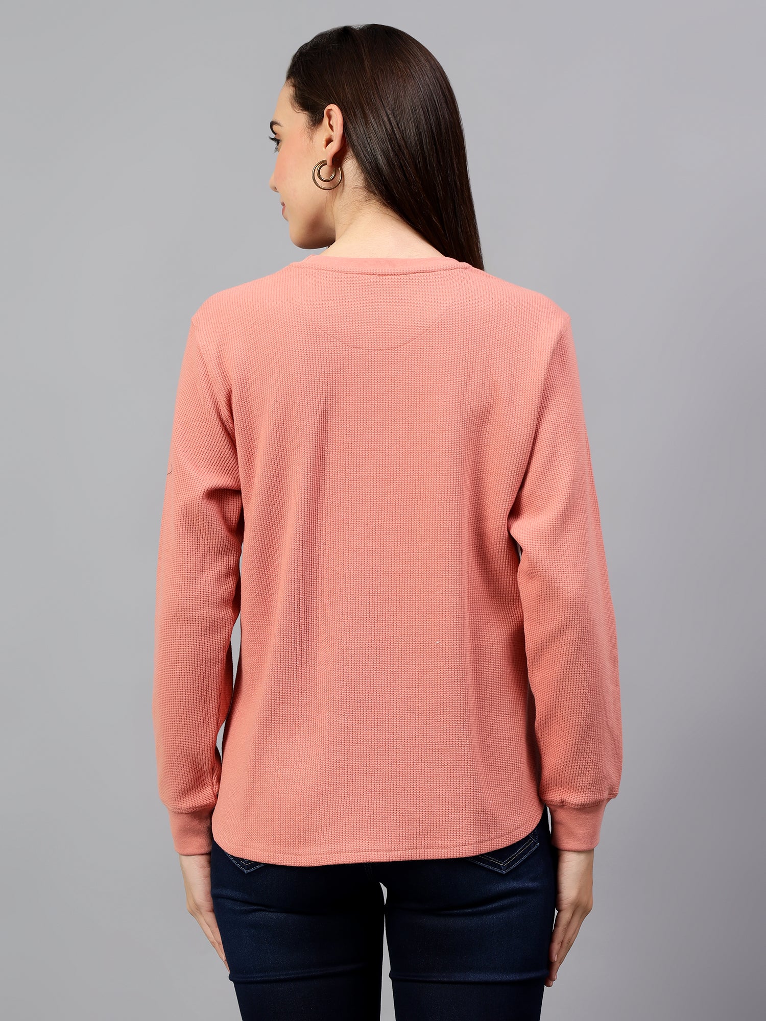 Women's Peach Self Design Round Neck Winter T-shirt - Image 5