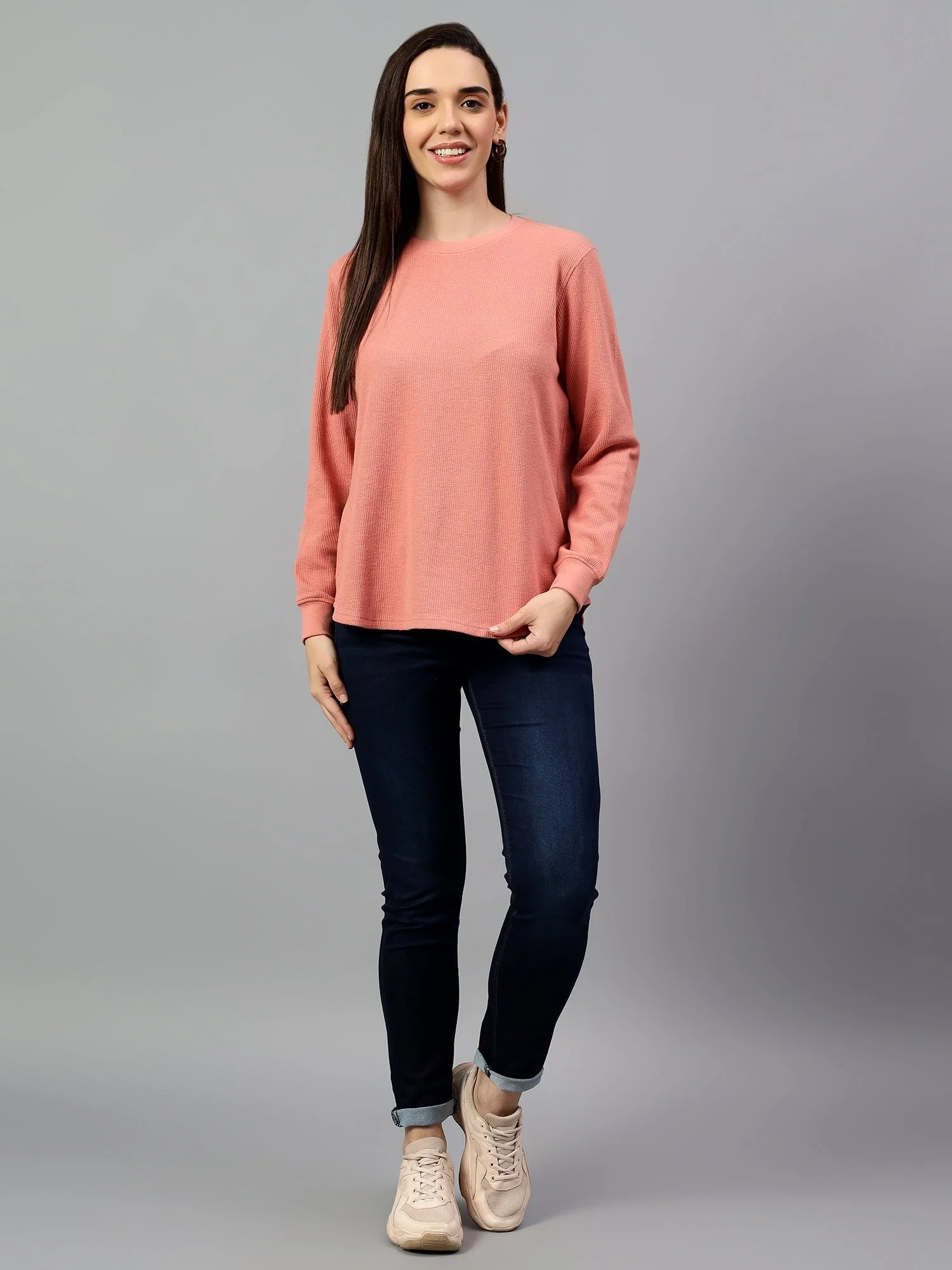 Women's Peach Self Design Round Neck Winter T-shirt - Image 6