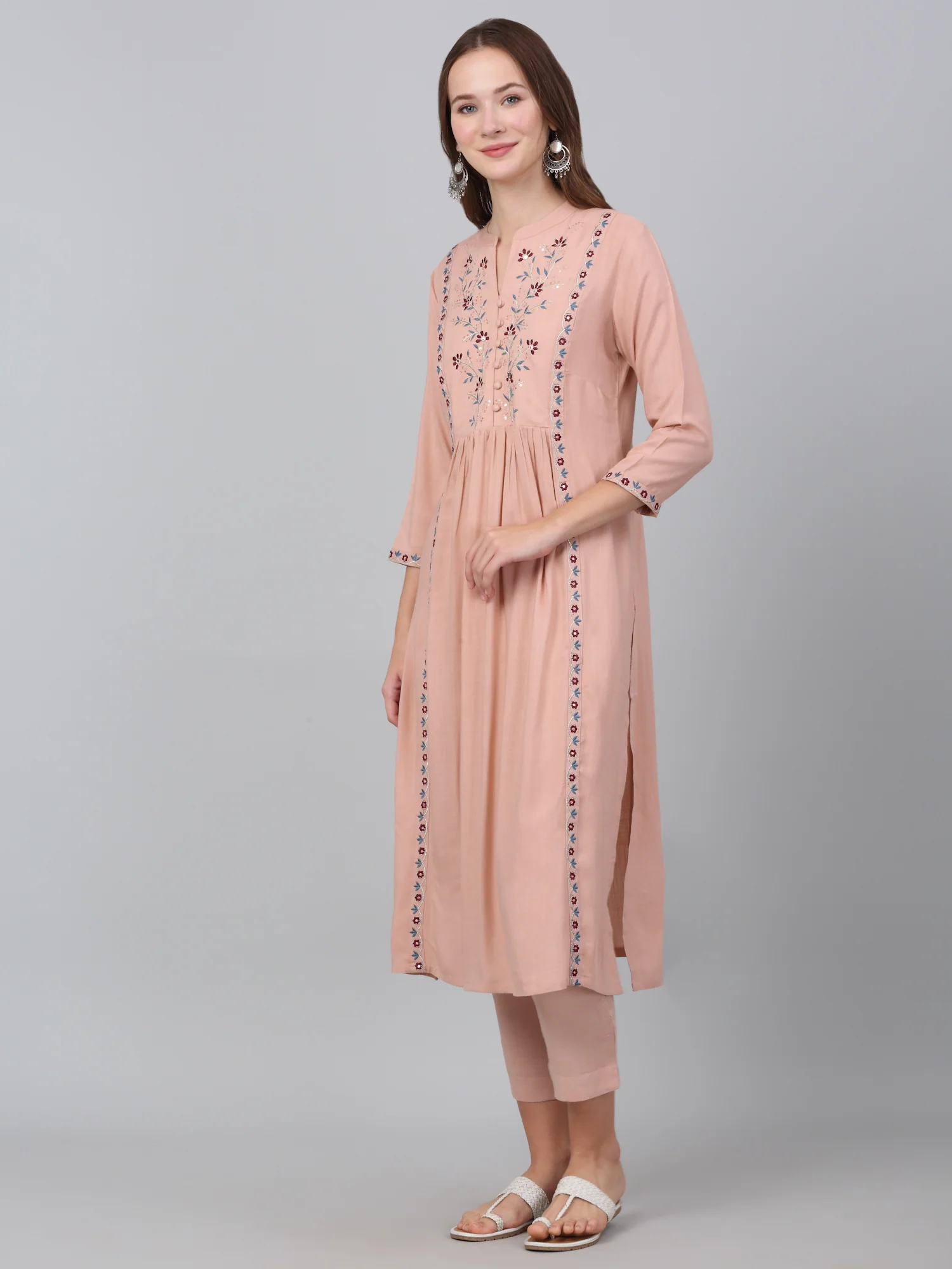 Women's Pink Embroidered Casual Kurta Plazzo Set - Image 3