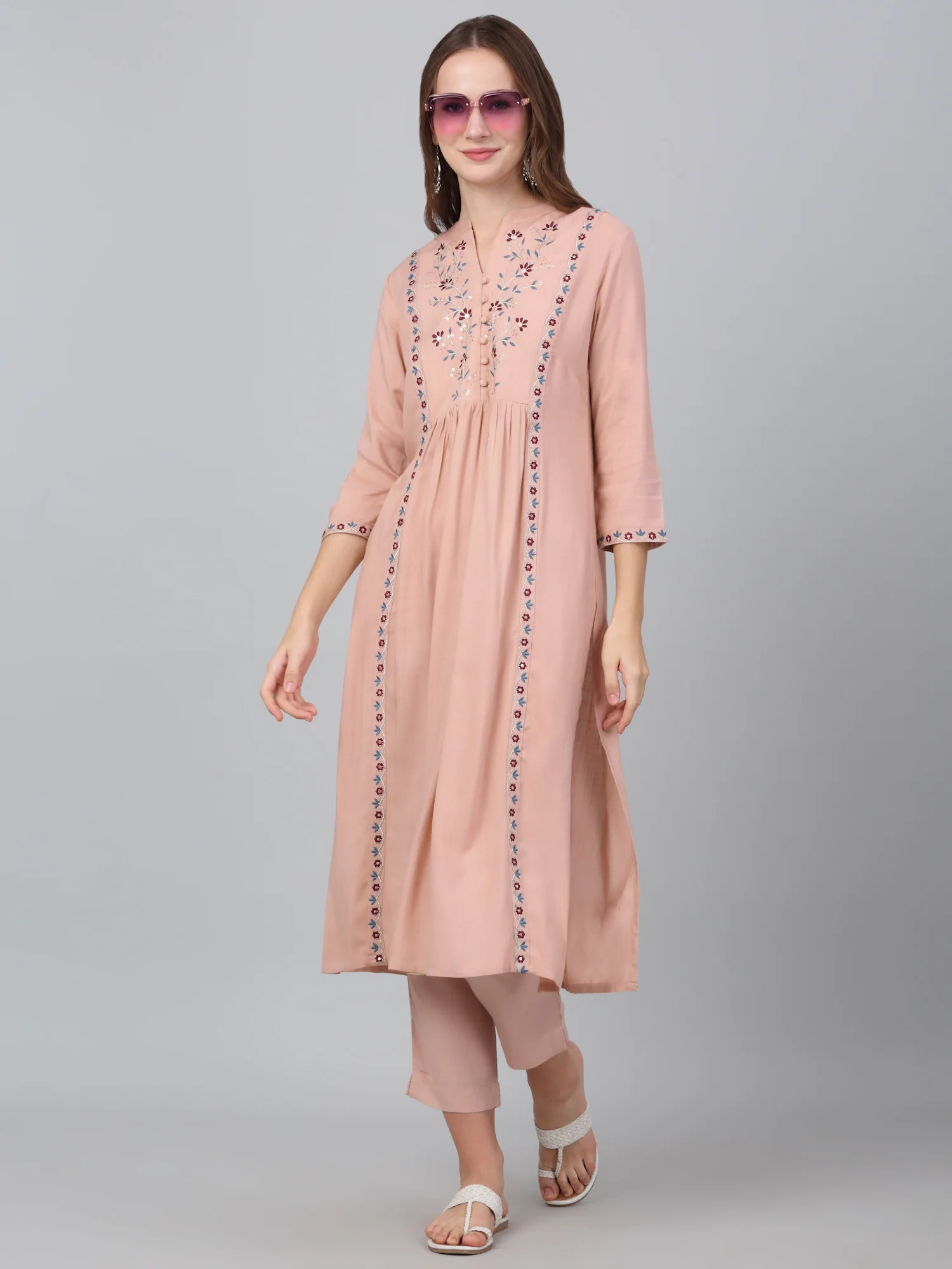 Women's Pink Embroidered Casual Kurta Plazzo Set - Image 6