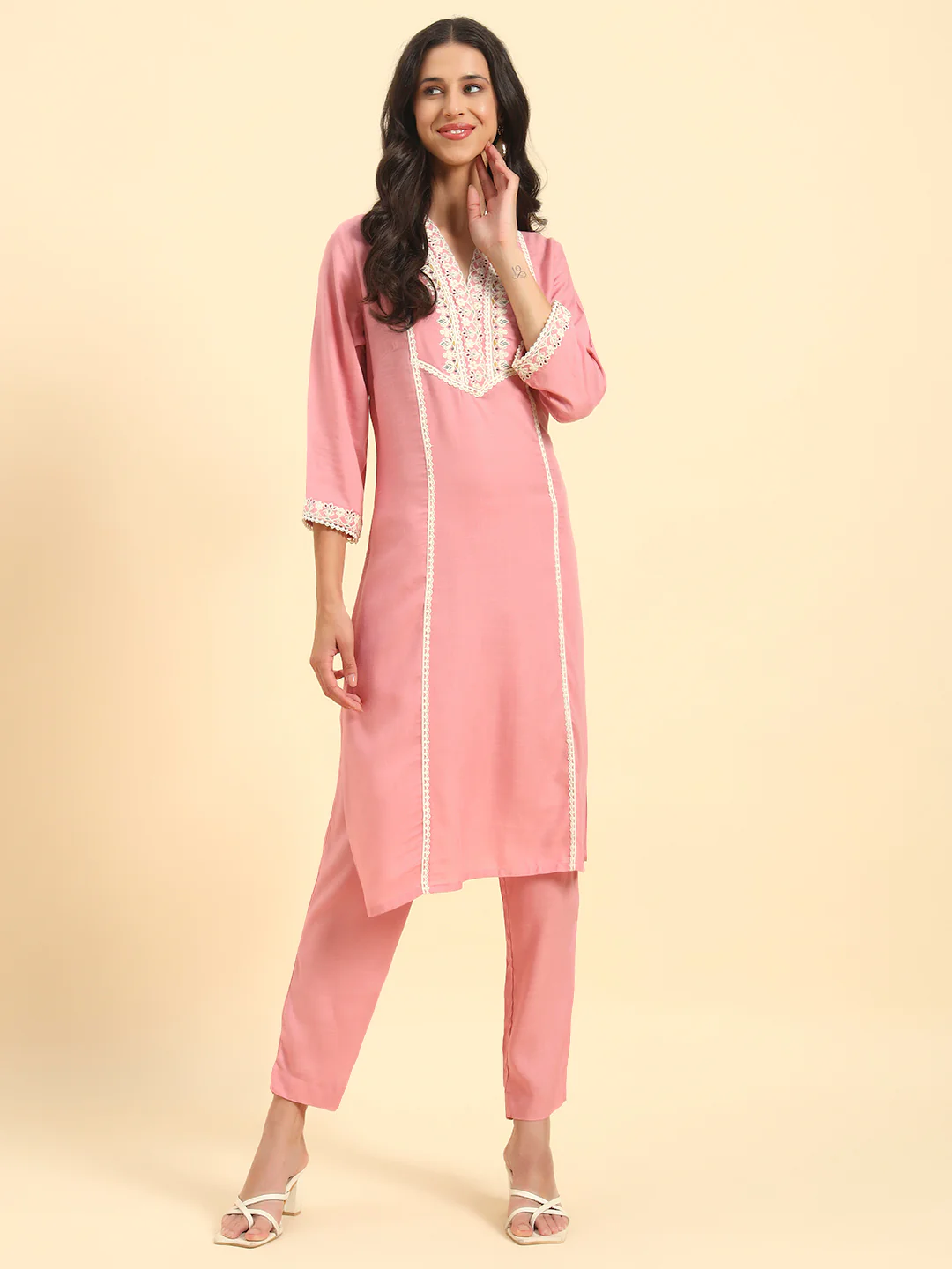 Women's Pink Embroidery 3/4th Sleeve V-Neck Kurti Plazo Set - Image 3