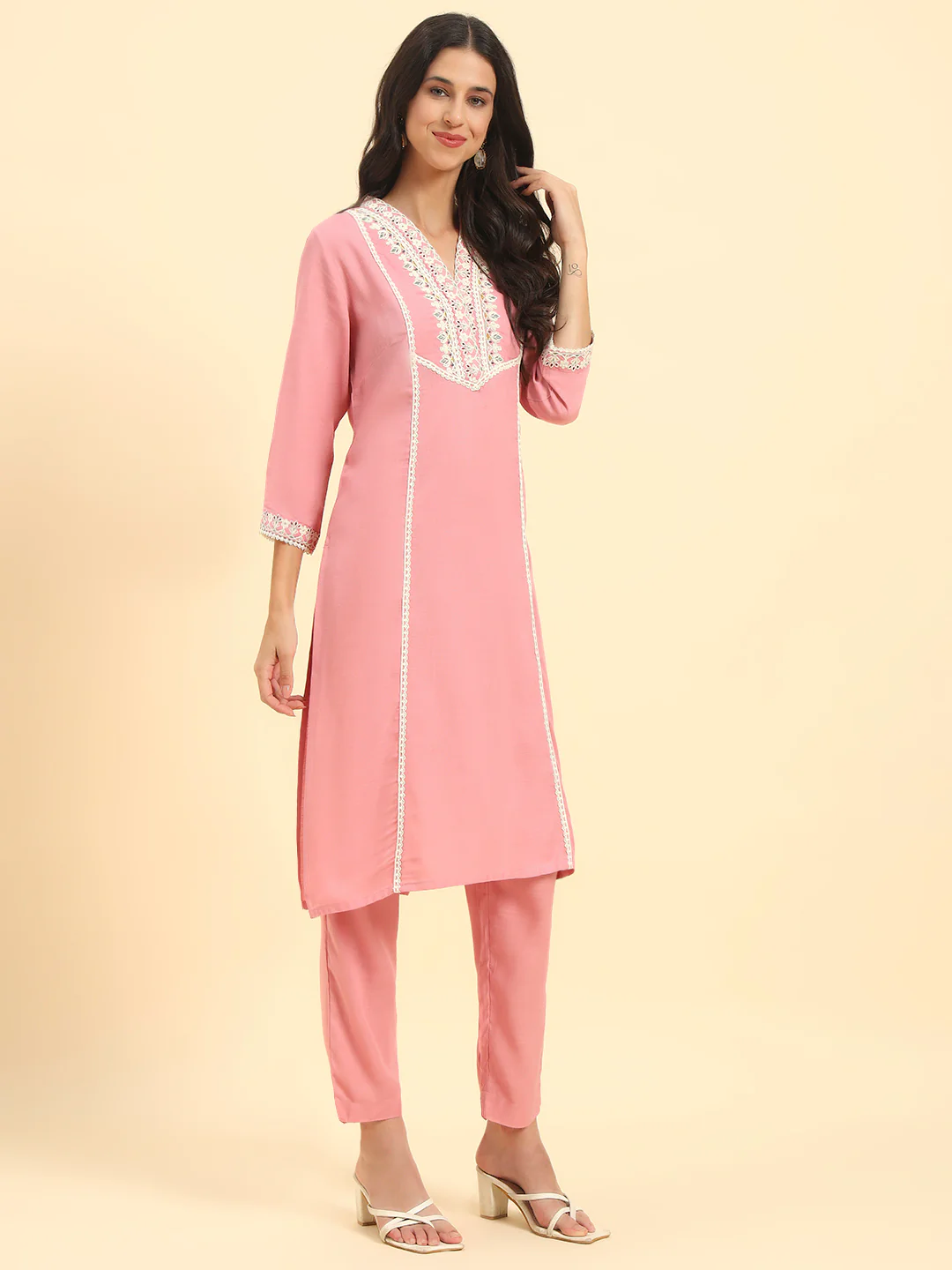 Women's Pink Embroidery 3/4th Sleeve V-Neck Kurti Plazo Set - Image 5