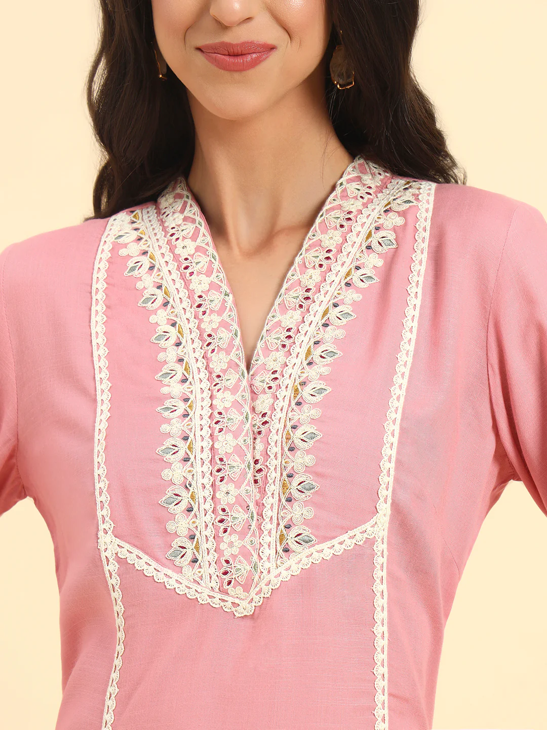 Women's Pink Embroidery 3/4th Sleeve V-Neck Kurti Plazo Set - Image 6
