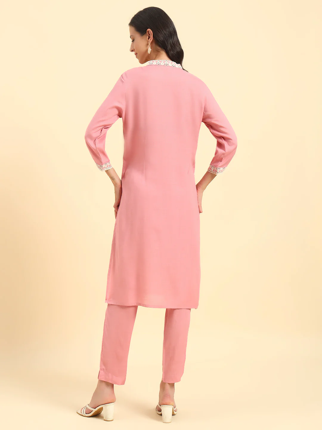 Women's Pink Embroidery 3/4th Sleeve V-Neck Kurti Plazo Set - Image 7