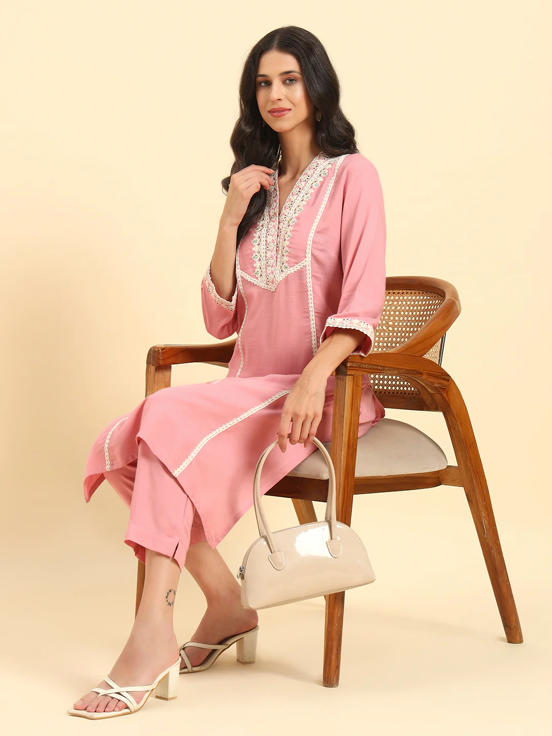 Women's Pink Embroidery 3/4th Sleeve V-Neck Kurti Plazo Set - Image 9