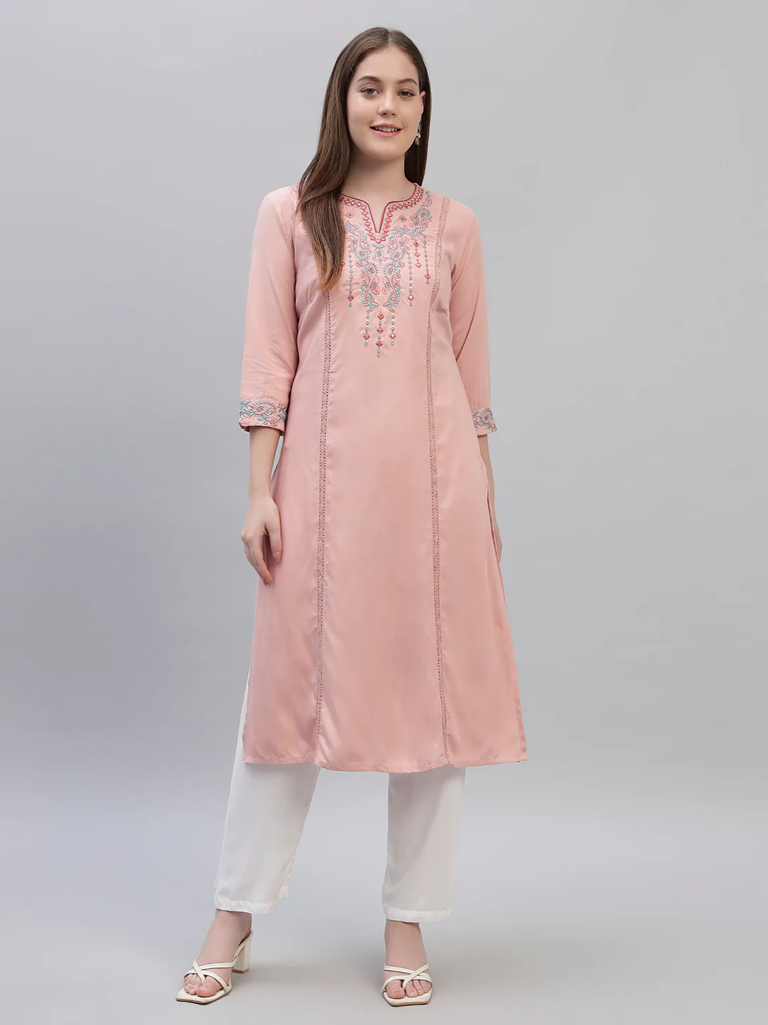 Women's Pink Embroidery 3/4th Sleeves Round Neck Casual Kurti - Image 2